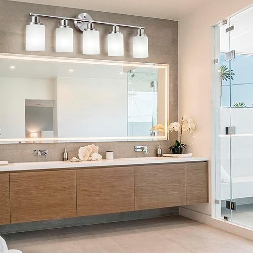Miniatura 6 de YAO BANG Lámparas de baño sobre espejo de níquel cepillado, 5 luces inoxidables para tocador de baño, cortinas de vidrio blanco lechoso, base E26,