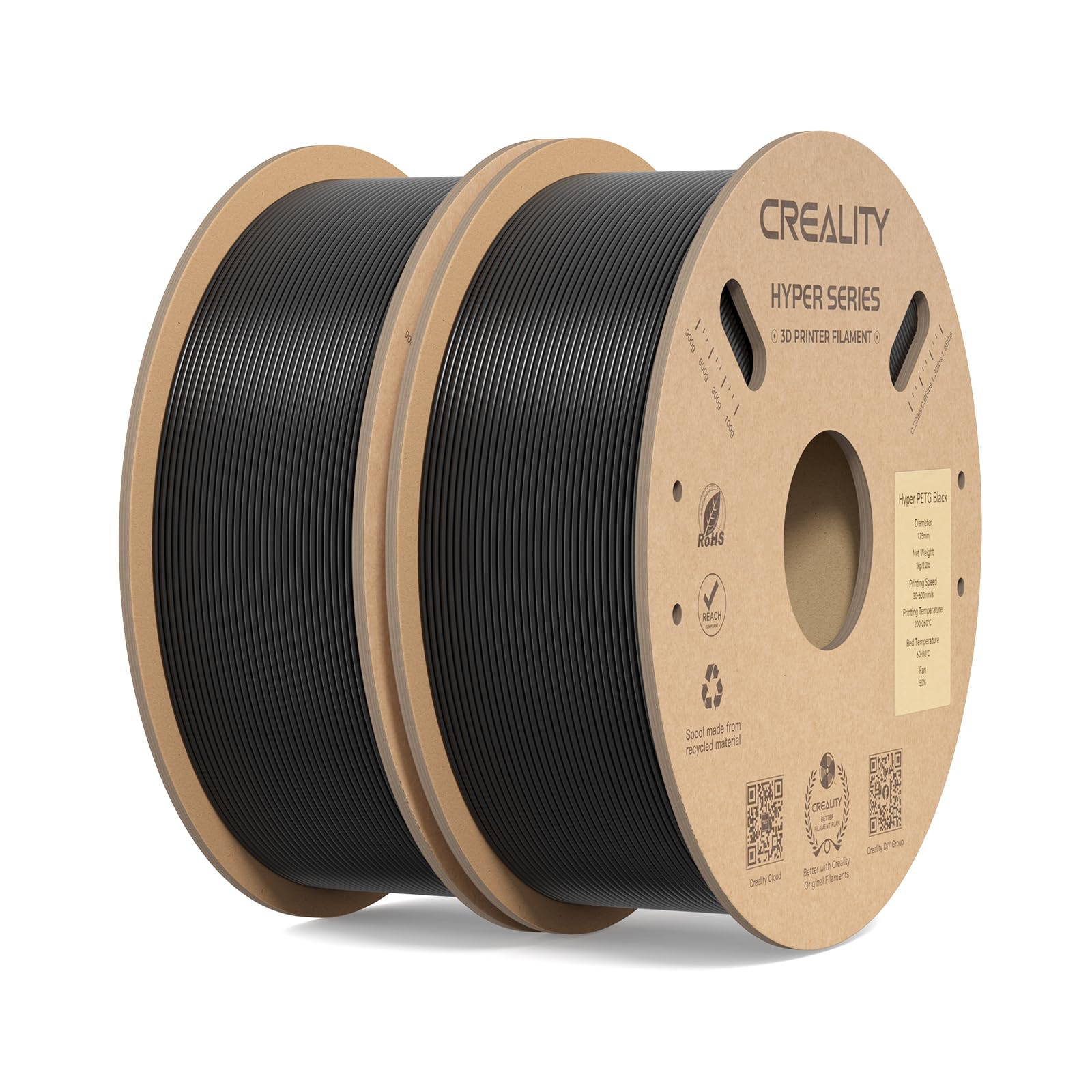 Creality Hyper PETG Filament Black 2kg, High Speed 30-600mm/s 3D Printer Filament PETG, No Stringing Good Layer Adhesion Fit Various 3D Printers