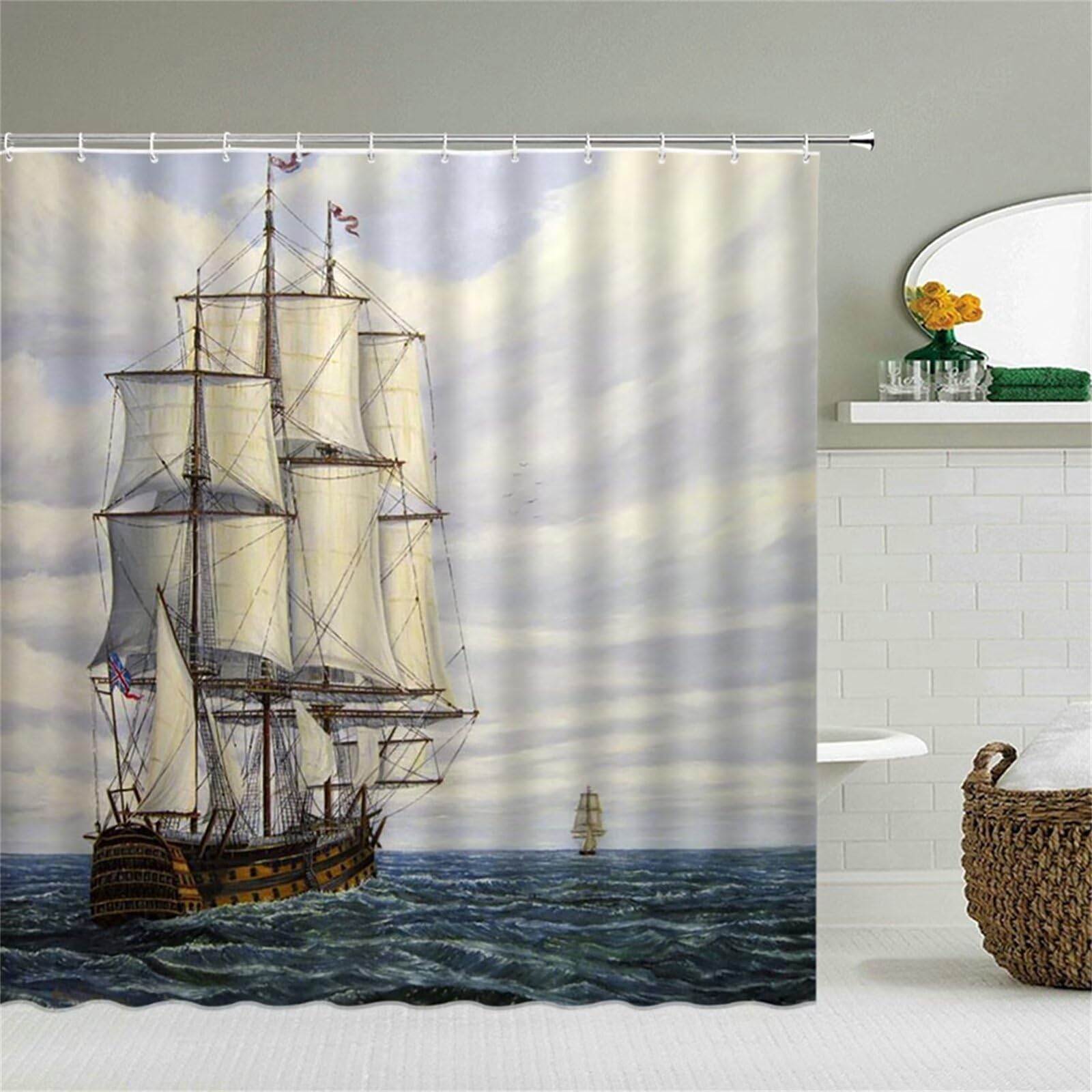 Mar de Vela Cortinas Ducha Antimoho,Cortina de Baño W200*L300cm,Textil de Poliéster Cortina de Ducha Impermeable,Lavable,Antibacteriana,con 12 Ganchos,3D Shower Curtian para Baño Decor