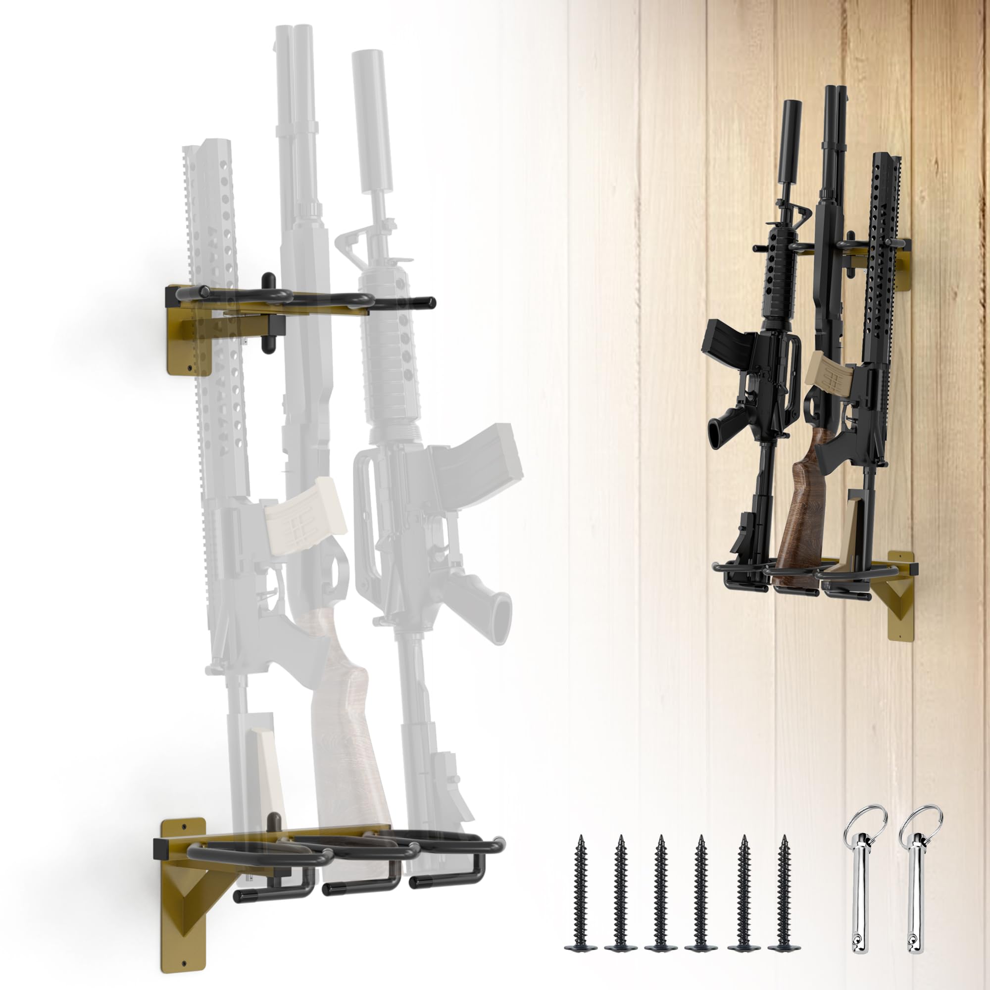 YUEYIN Wall Mounted Rifle Storage Rack, Gun Display Rack with 3 Storage Slots, Metal, Indoor Gun Shelf, Tan