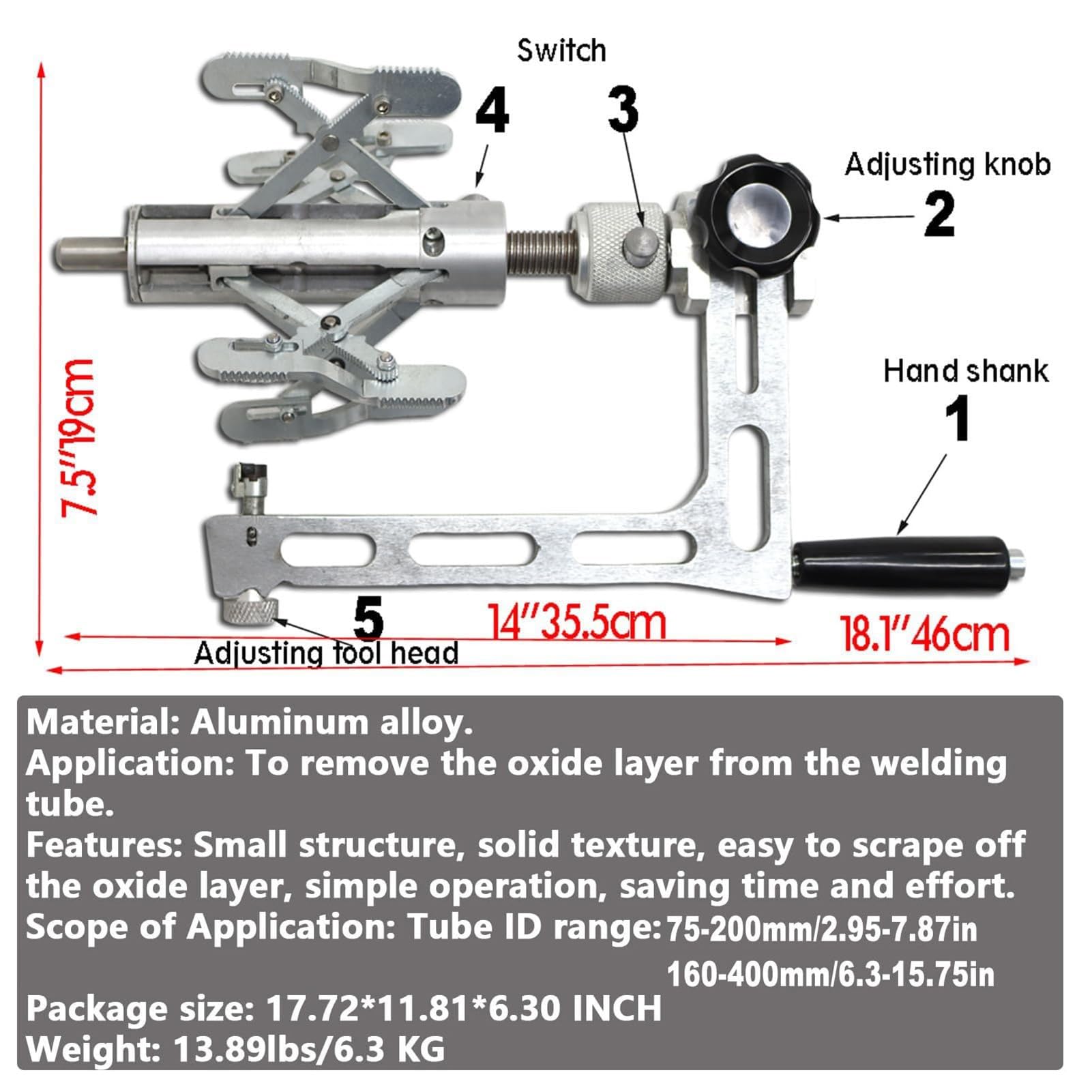 Raschiatore rotatorio manuale per tubi in PE per rimozione esterna di raschiatura e ossidazione dello strato, gamma 75-200mm/160-400mm