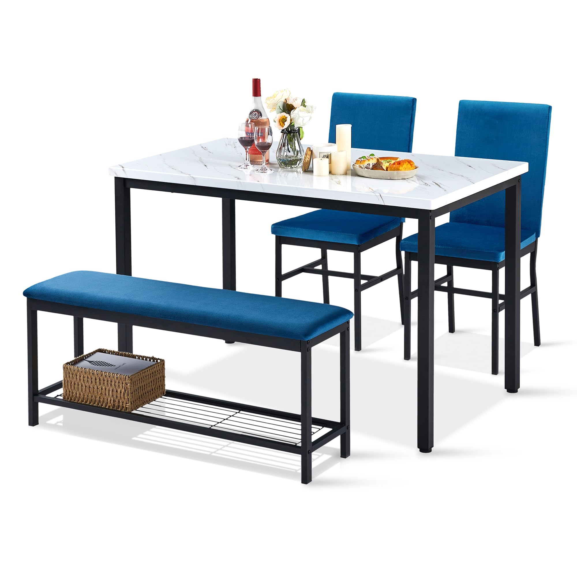 Dining Table Set for 4,Faux Marble Kitchen Table,Kitchen Table Chairs Set with Velvet Chairs,Bench with Storage Net for Dining Room,Small Apartment (Blue 1+3)