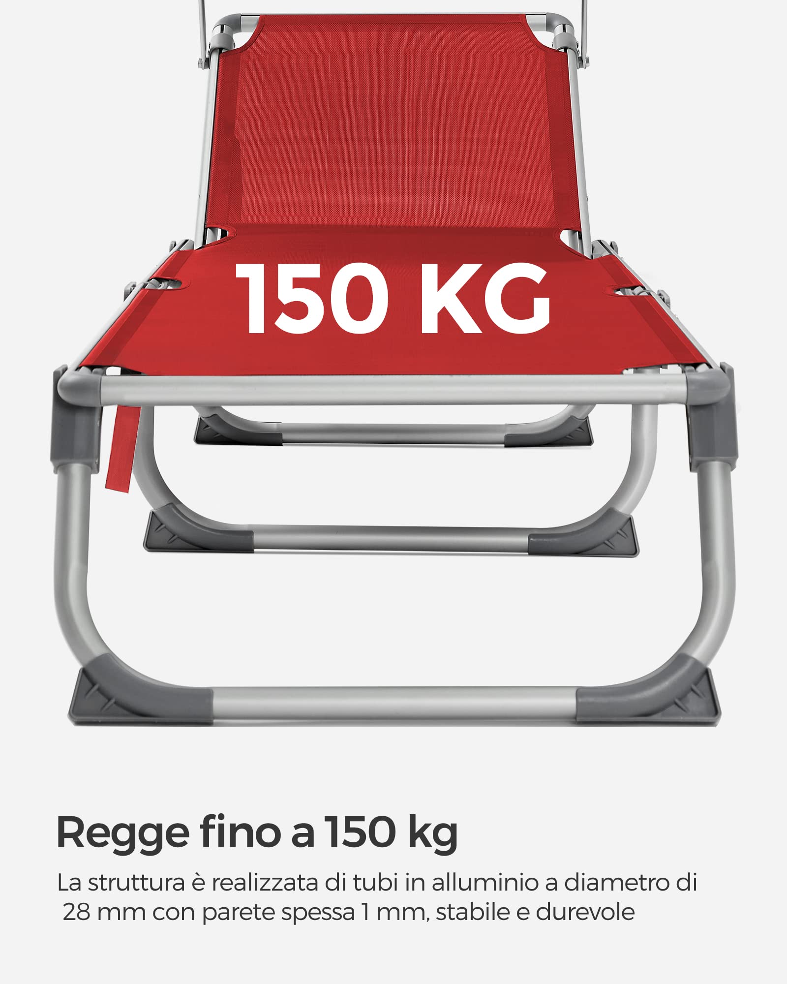 SONGMICS Lettino Prendisole, Sedia a Sdraio Pieghevole in Alluminio, con Parasole e Schienale Reclinabile, 193 x 55 x 31 cm, Max Portata 150 kg, per Terrazzo Piscina Giardino, Rosso GCB19RD