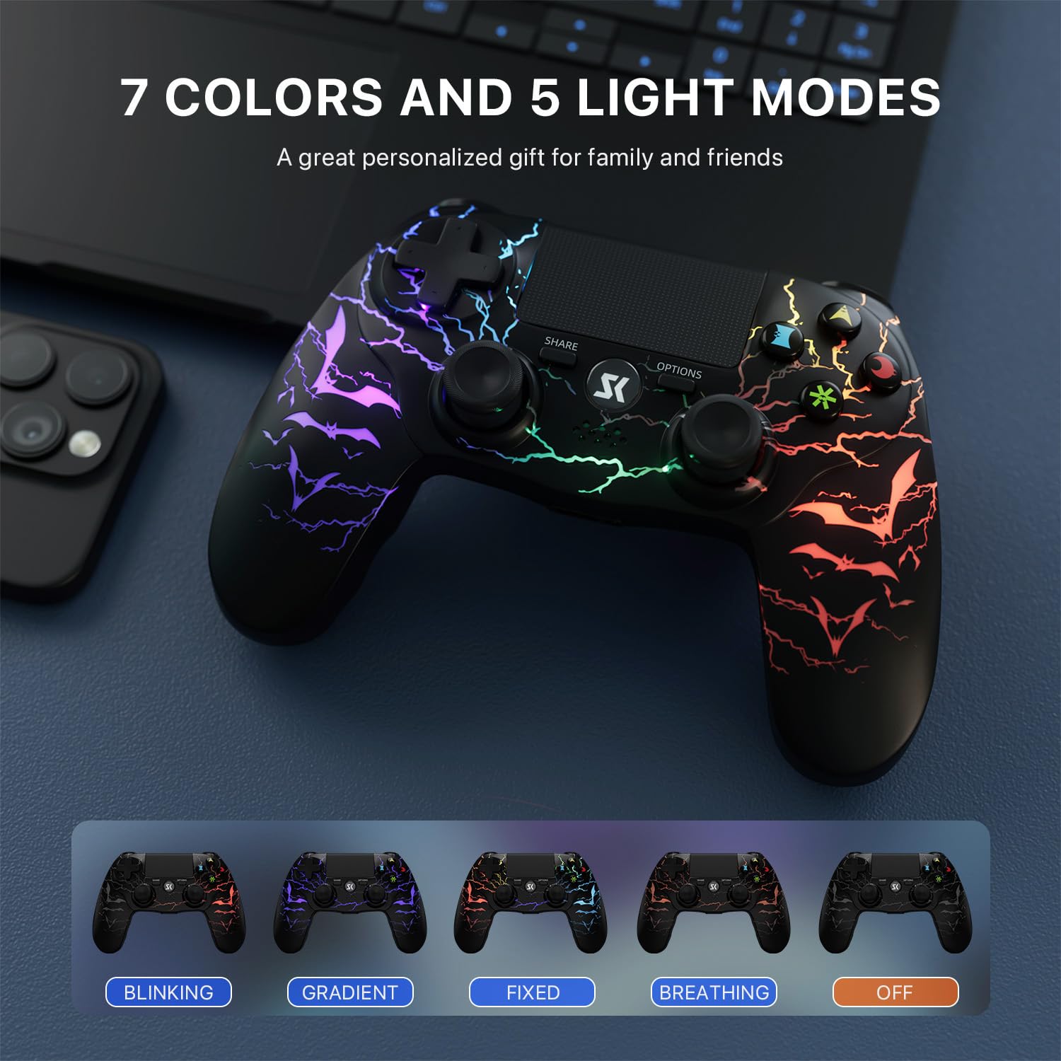 Kujian Wireless Controller for PS4 with RGB LED Modes, Gaming Remote with 1000mAh Battery/Dual Shock/6-Axis Gyro/3.5mm Audio Jack/Speaker, Gaming Controller for Playstation 4/PS3(Black) - Image 6