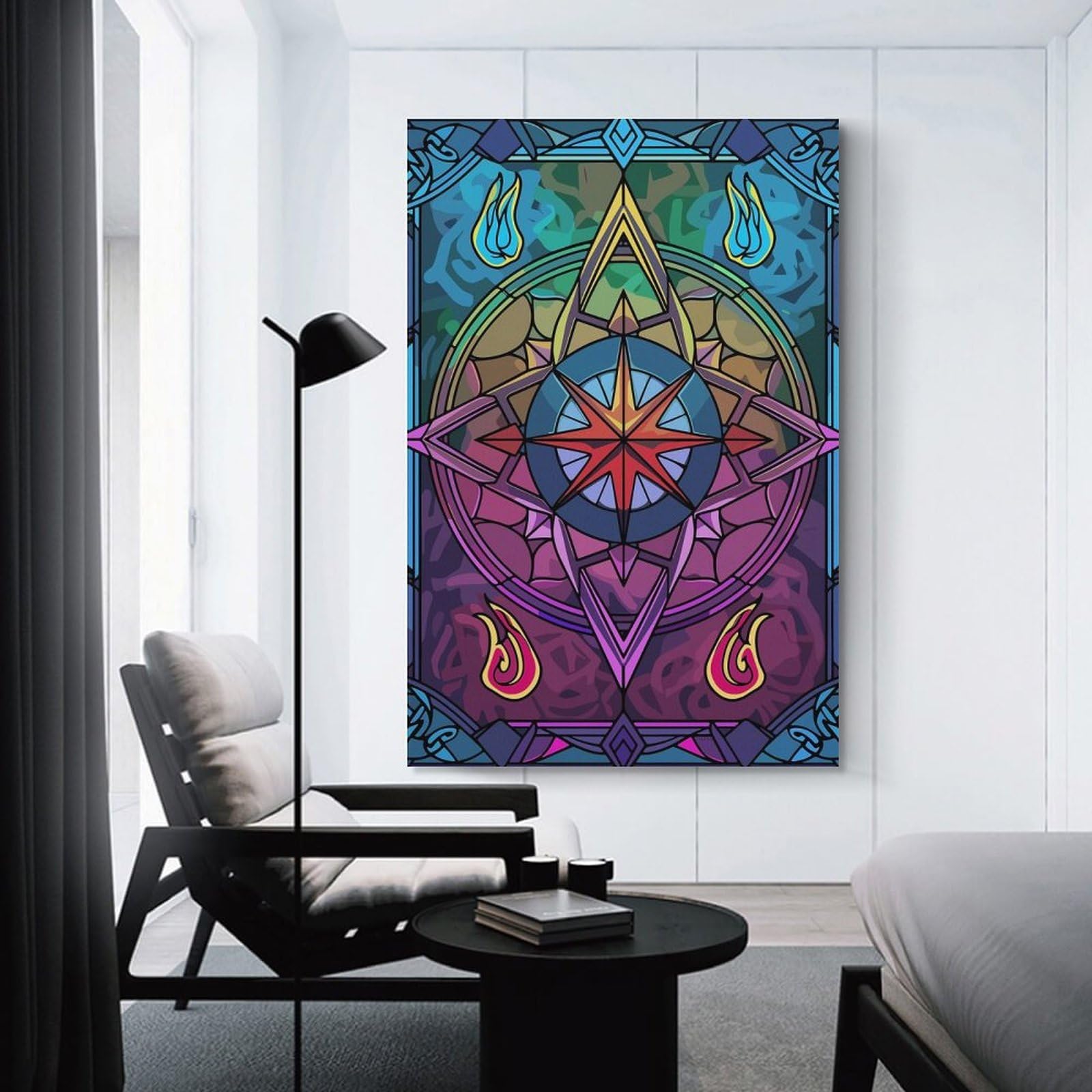 Junmoney Stained Glass Compass Rose with Flames Hanging Wall Art 16x24inch(40x60cm), for New Homes, Bedrooms Or Workspaces, Thoughtful Wall Decor for Art Lovers