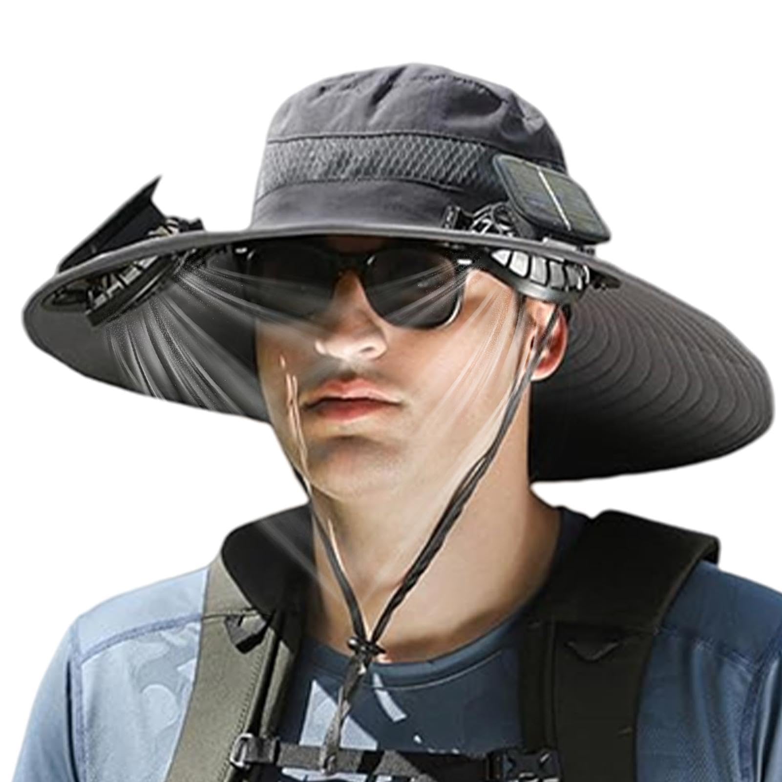Hut mit eingebautem Ventilator, solarbetriebener Ventilatorhut - Sonnenhut mit breiter Krempe, 3 einstellbare Windgeschwindigkeiten,Solarkühlhut, atmungsaktiver Fischerhut, USB-Solaraufladung für Männ