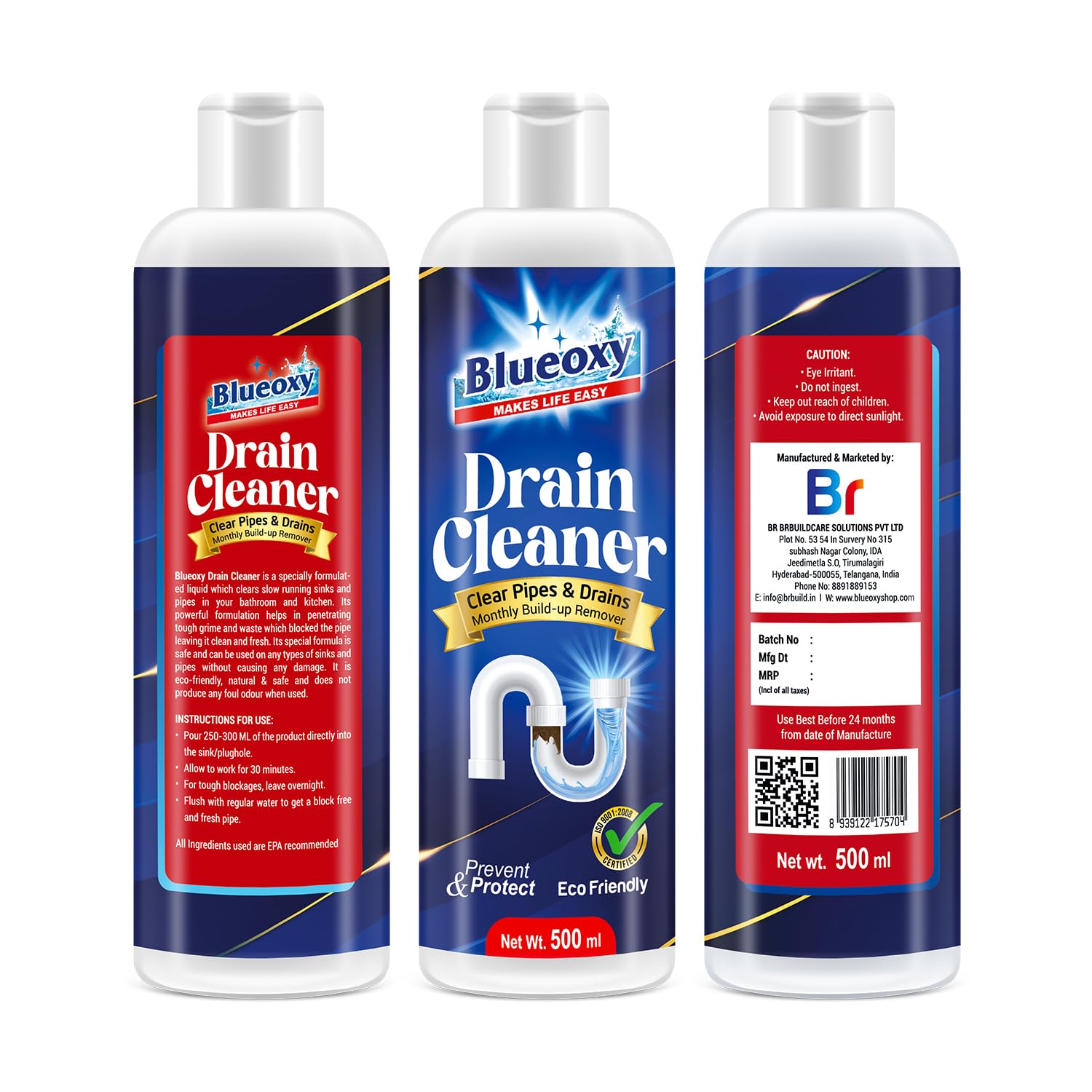 Blueoxy Drain Clog Remover Liquid | Used for Shower & Sink Drains & Pipes | Pure Gel Based | 500 Ml | Pack of 1 - Image 5 thumbnail