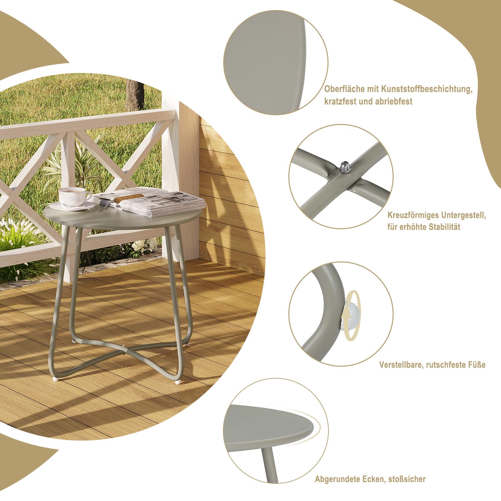 eSituro Beistelltisch rund, Balkontisch Gartentisch, Kaffeetisch Couchtisch Sofatisch Wohnzimmertisch, Kleiner Tisch für Wohnzimmer Balkon Terrasse Garten, aus Metall, φ45xH45 cm, Grau