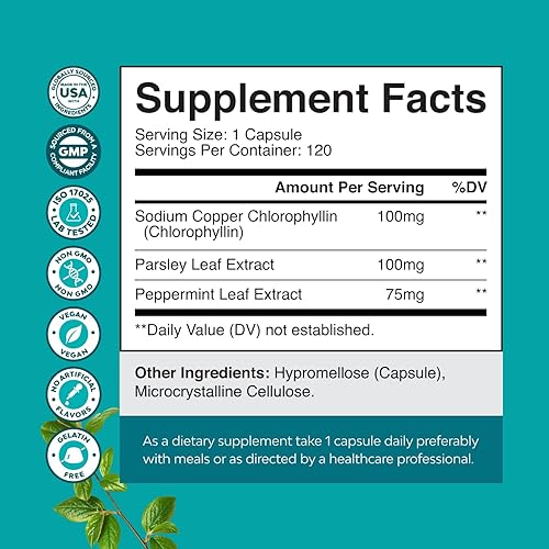 Miniatura 2 de Cápsulas de clorofila para apoyo de limpieza y desintoxicación, pastillas desodorantes internas para olor corporal con extracto de menta y perejil,
