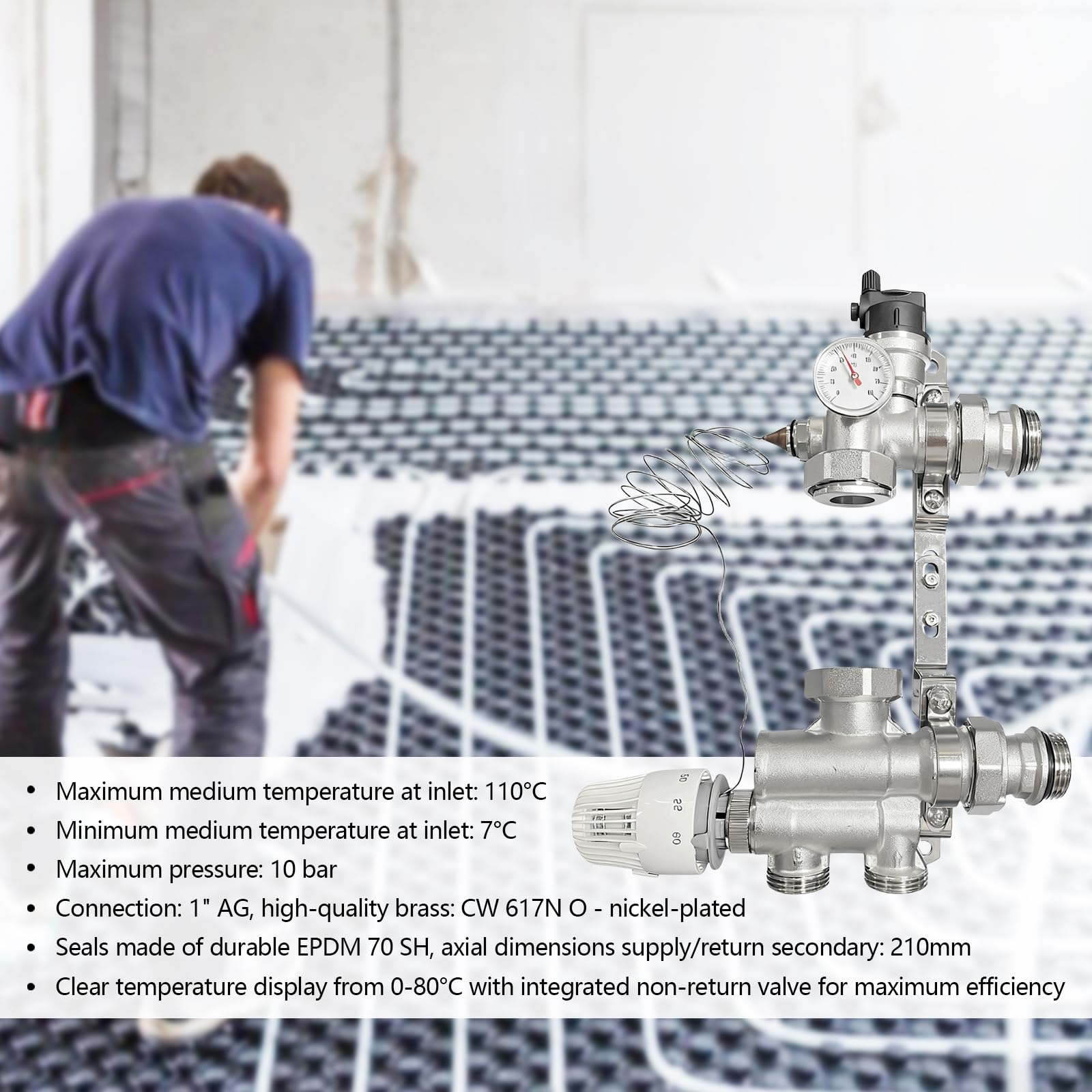 Set Di Regolazione A Valore Fisso Riscaldamento Pavimento, Valvola Miscelatrice Riscaldamento Pavimento Regolabile 20 A 70 °C Con Valvola Miscelatrice E Testa Termostatica (Senza Pompa)