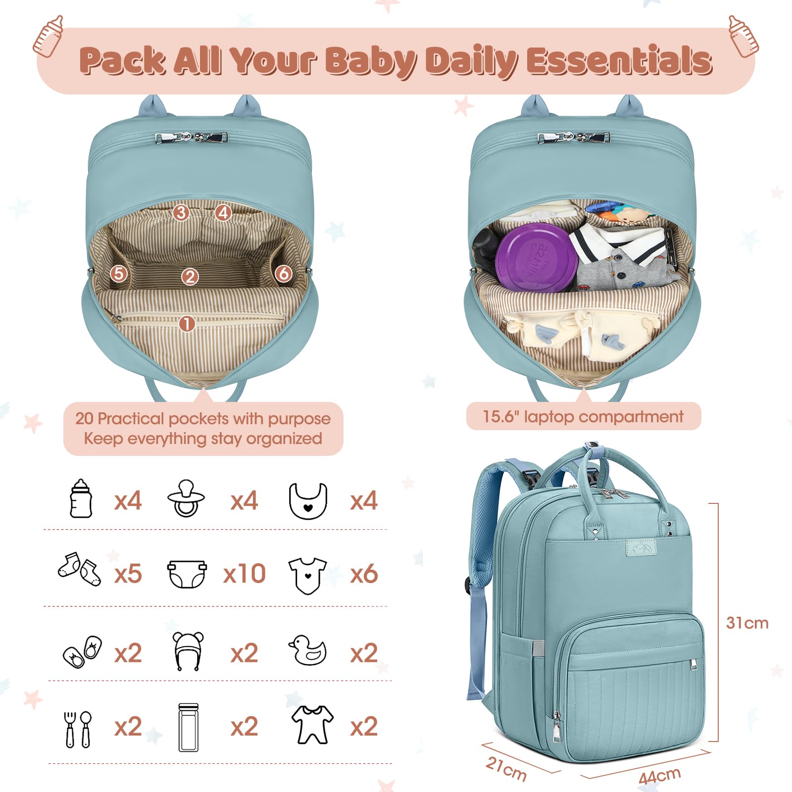 RAINSMORE Mochila Carro Bebe Pañaleras para Bebes Multifuncional Mochila Maternidad con Cambiador Bebe Plegable y Correas de Cochecito Azul