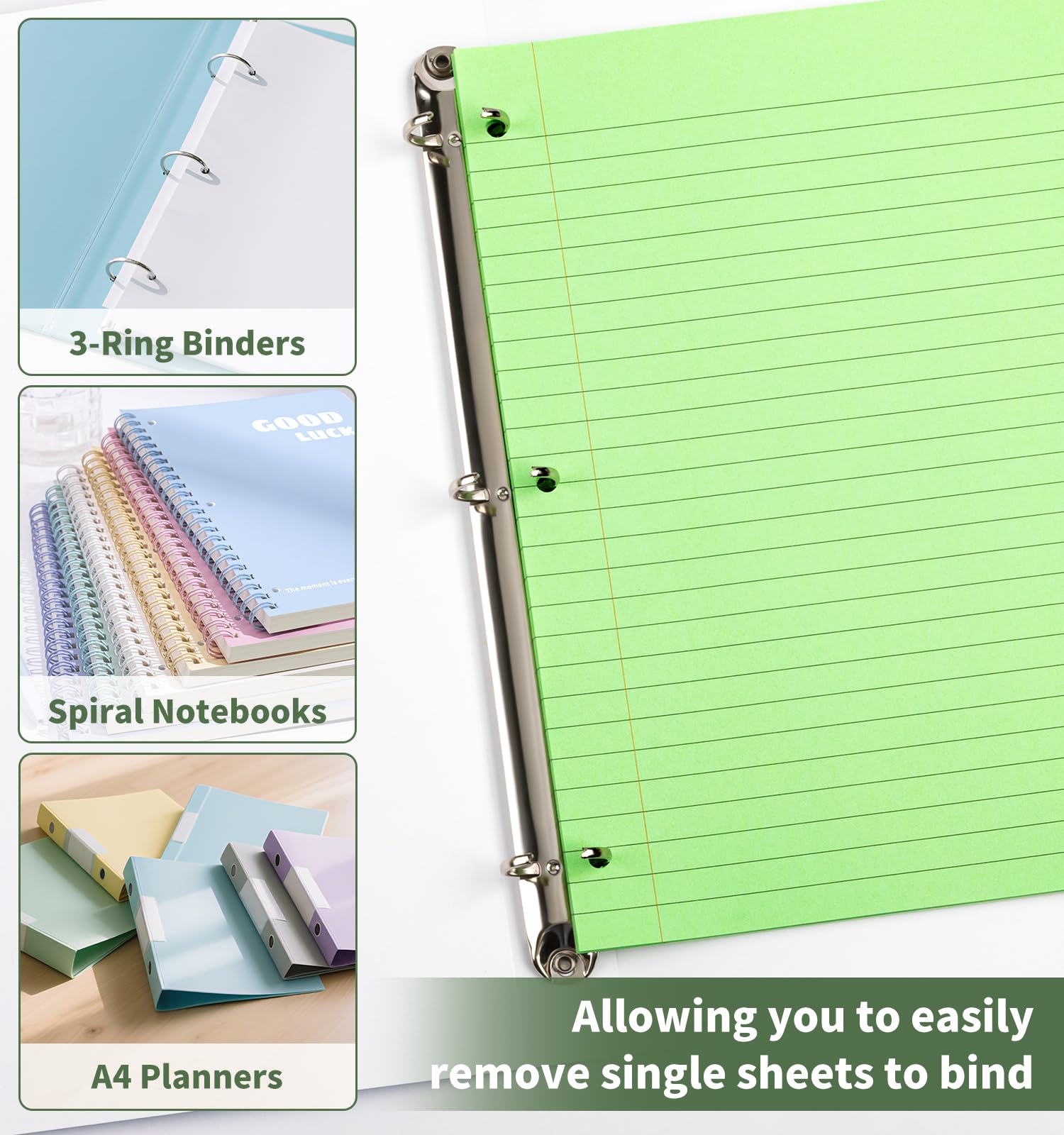 Sheets Loose Leaf Binder Paper, 6-Color Wide Ruled Lined Paper, 8” x 10.5”, 3-Hole Punched Notebook Paper Writing Paper for School Office: 120