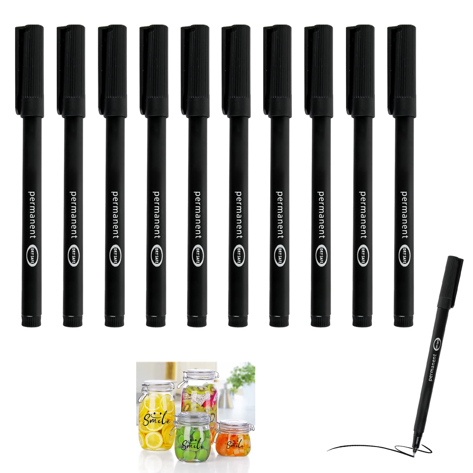 10 Piezas Rotulador Permanente Punta Fina, Marcador Permanente Negro, Resistente a Manchas y Agua Tinta de Bajo Olor Ancho de Trazo F 0.6mm Recargable para Todas Superficies Rotuladores Universales
