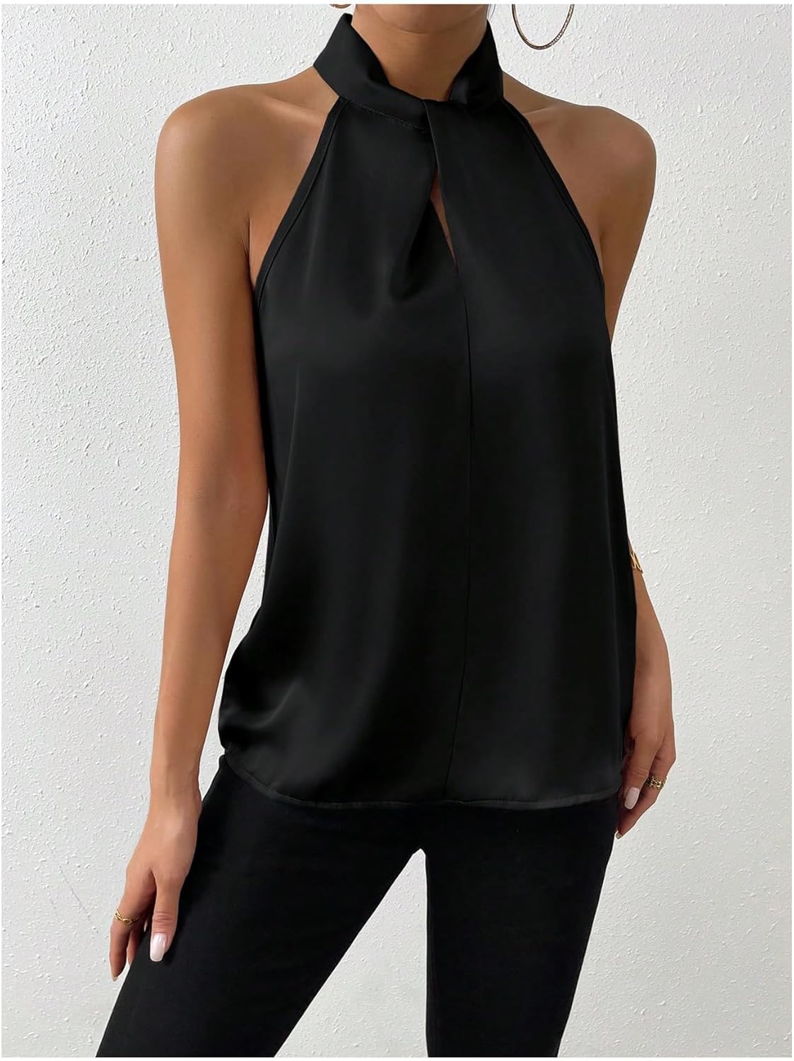 ALCEA ROSEA Womens Silky Satin Camisole Top Twist Front Halter Sleeveless Satin Blouse Keyhole Back Tank Top 1889 - Image 3