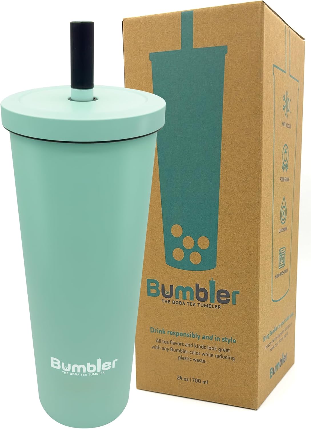 Stainless Steel Bubble Tea Cup - Bumbler 24oz Large Reusable Eco-Friendly Tumbler with Wide Soft Tip Metal Straw, Leak-Proof Lid - Perfect for Boba, Smoothies, Iced Coffee, Hot or Cold Drinks - Mint