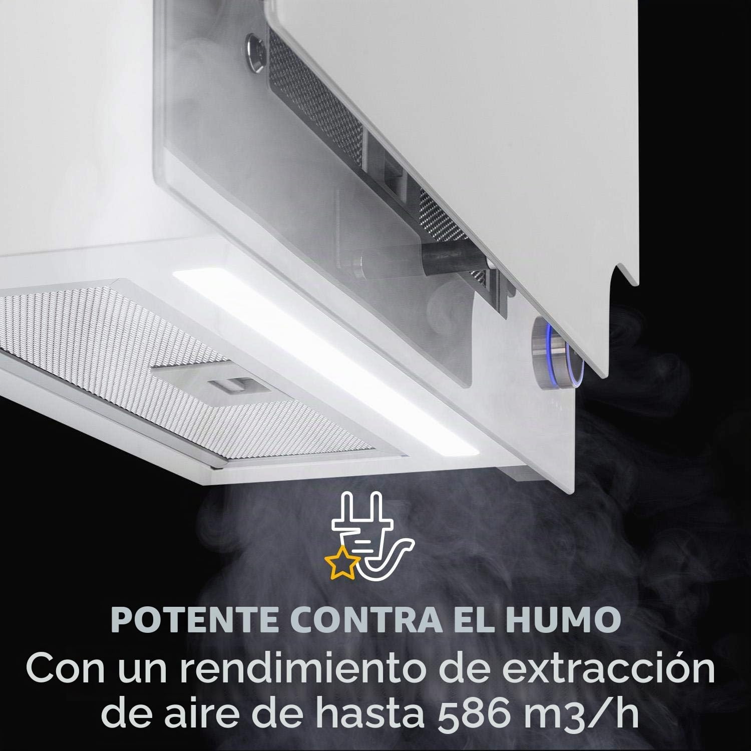Klarstein Amelia - Campana extractora, Campana inclinada, Diseño plano, 123 W, 586 m³/h, Iluminación LED: 3 W, 3 niveles de potencia, Mando giratorio táctil iluminado, 60 x 47 x 23,5 cm, blanco