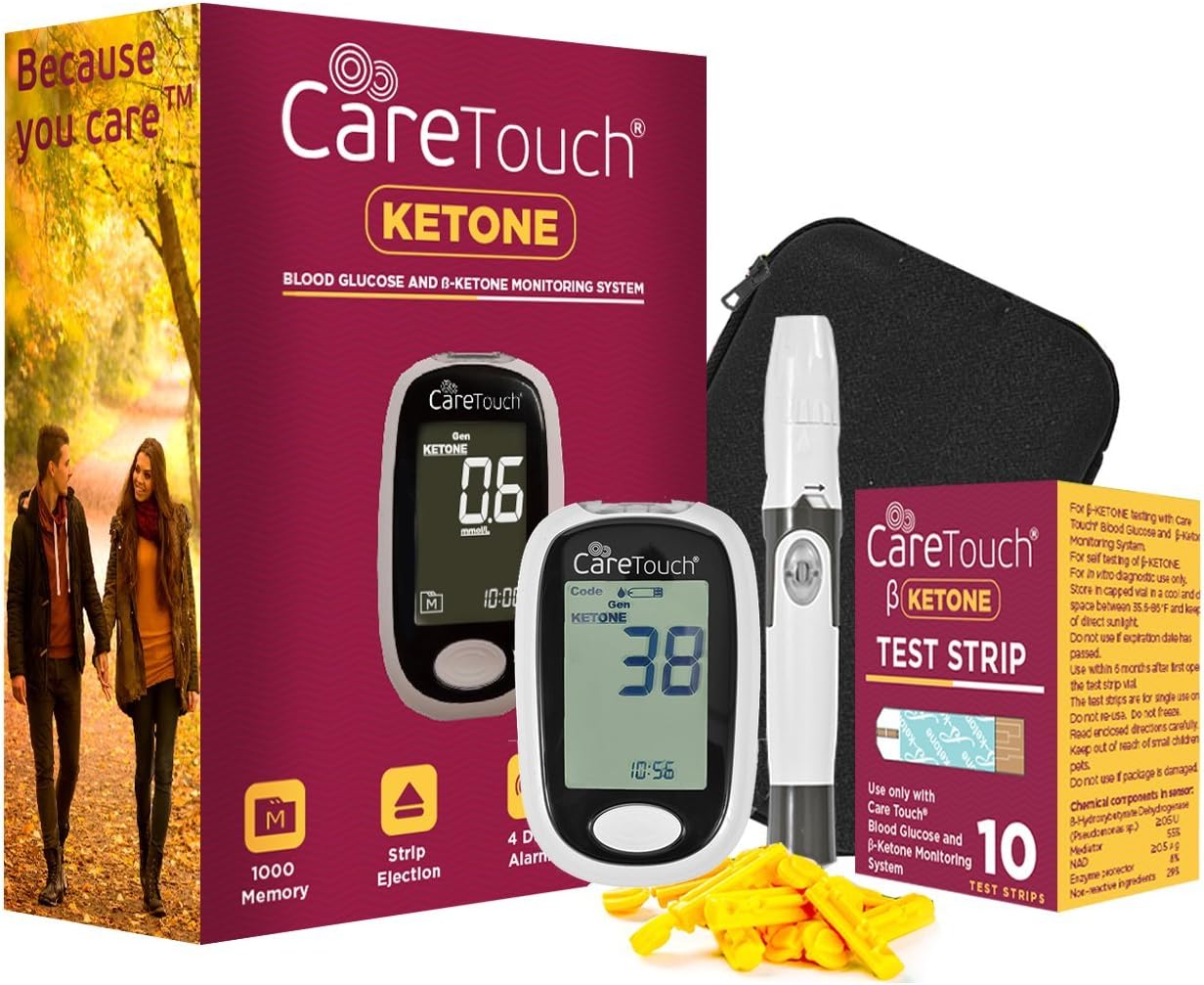 Care Touch Ketone Testing Kit - Ketone Meter w Strip Ejection, 10 Ketone Blood Test Strips, 10 Lancets, Lancing Device, Carrying Case