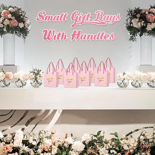 Miniatura 6 de 60 bolsas pequeñas de regalo de agradecimiento con asas de 4 x 2.75 x 4.5 pulgadas, papel de aluminio dorado para fiesta de agradecimiento de