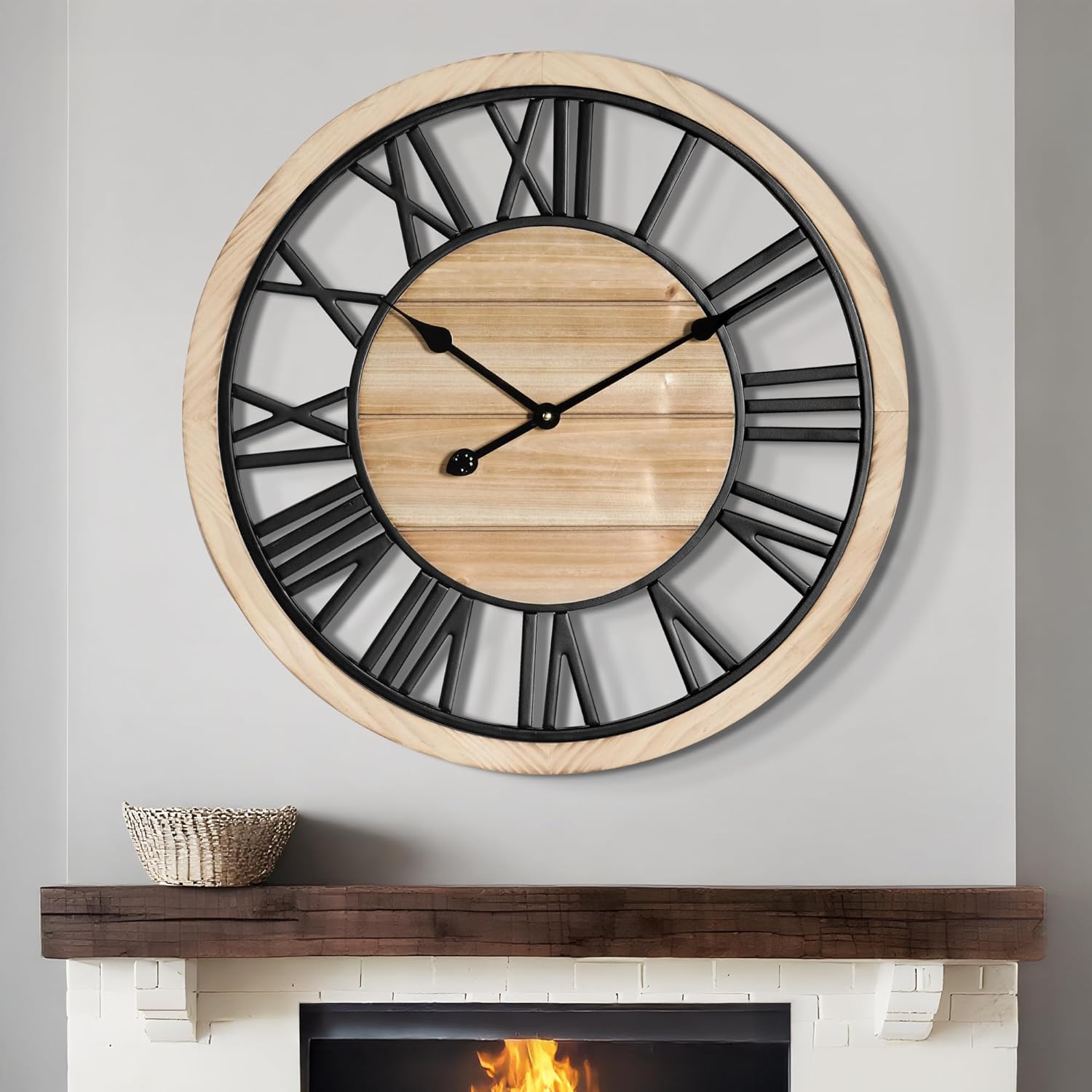LEIKE 24 Inch Large Wall Clock - Rustic Wooden Silent Non-Ticking Wall Clock with Black Metal Frame, Vintage Farmhouse Decorative for Living Room, Bedroom, Kitchen - Roman Numerals, Modern Design 24 inch Roman Numerals