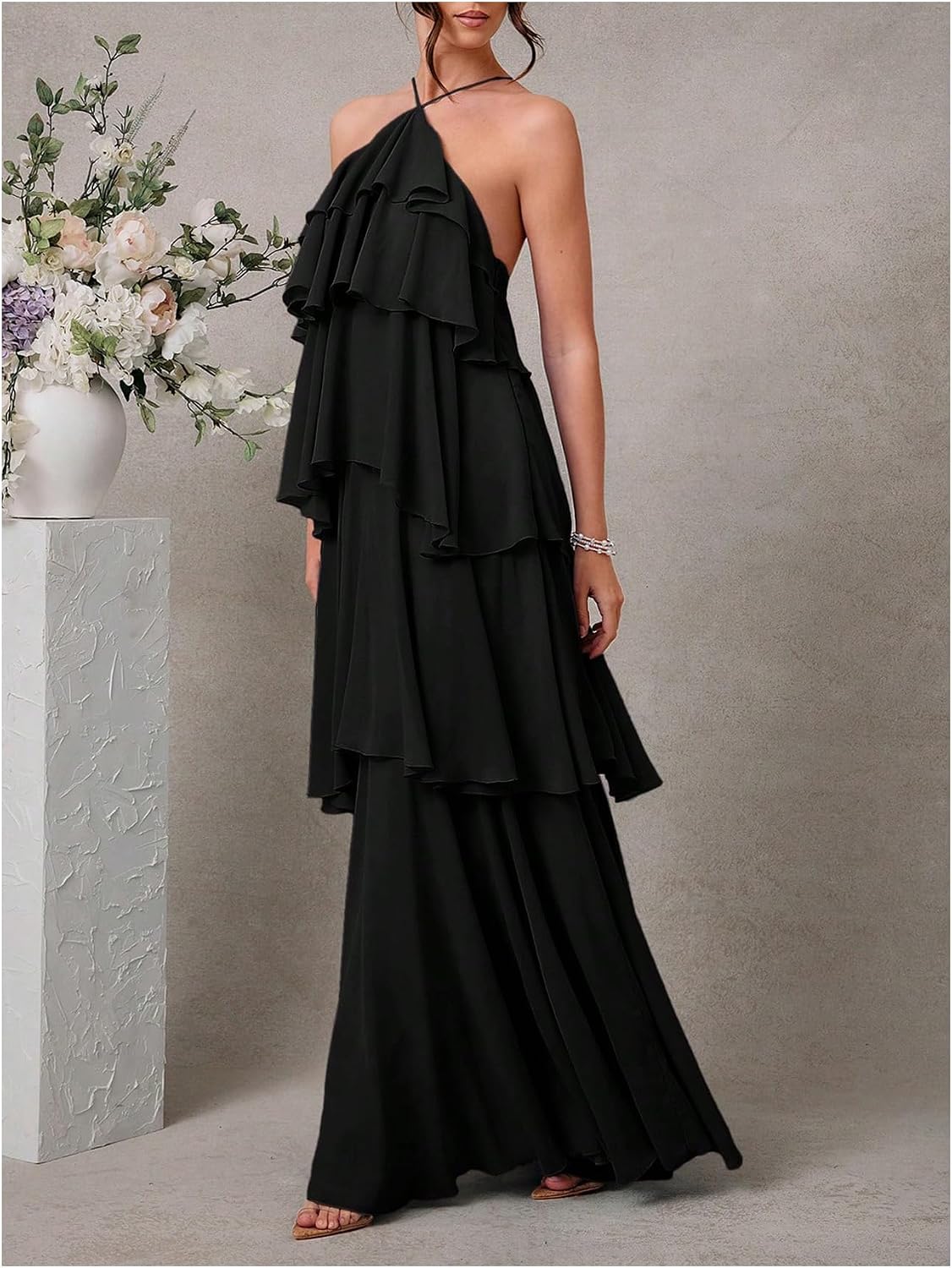 SOLY HUX Women's Sundresses Ruffle Layered Halter Flowy Maxi Dress Elegant Wedding Guest Dresses
