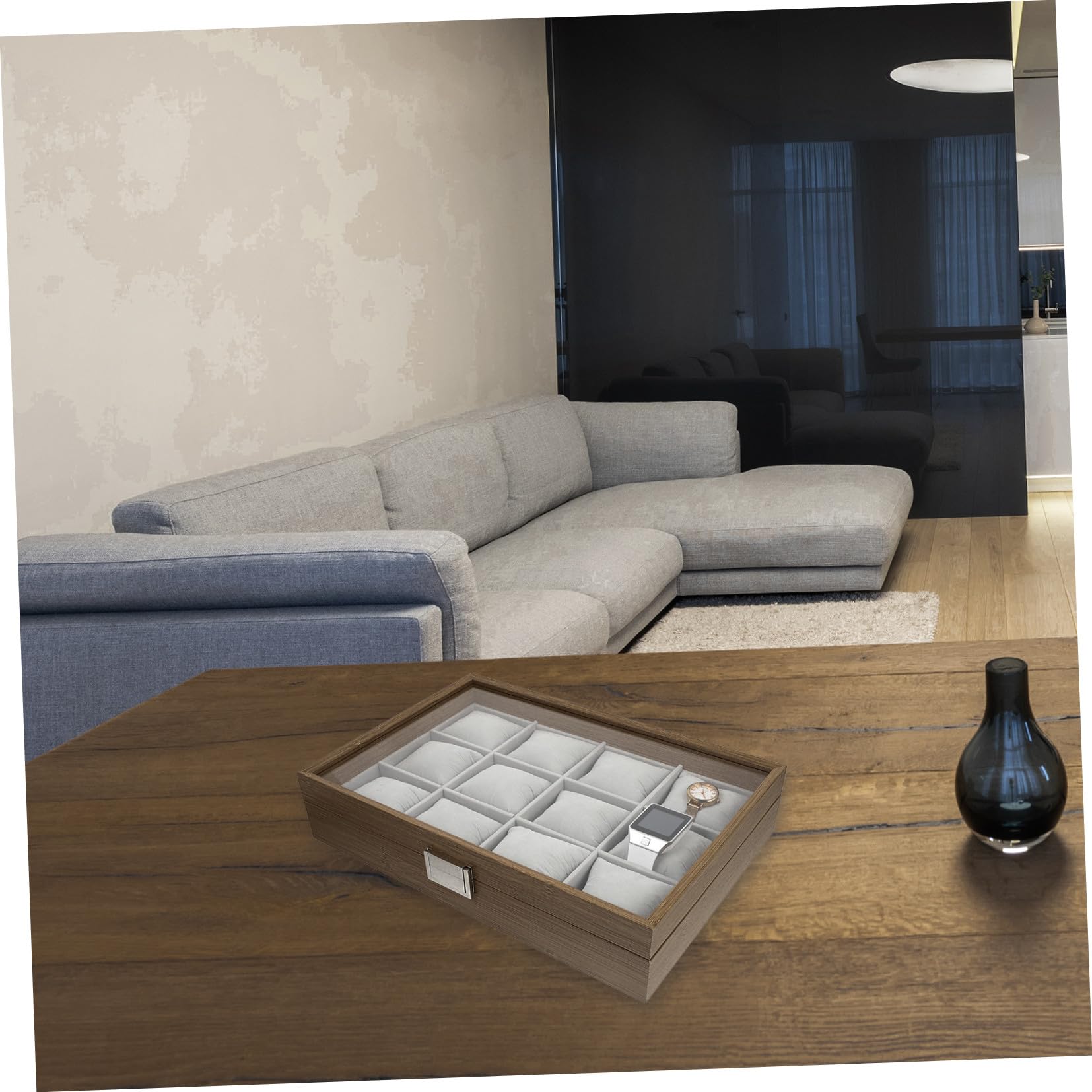 POPETPOP Vassoio Espositore in Legno con 12 Scomparti per Orologi e Braccialetti, Cuscini Morbidi Rimovibili, Organizer Elegante per Uso Personale e Decorazione Casa