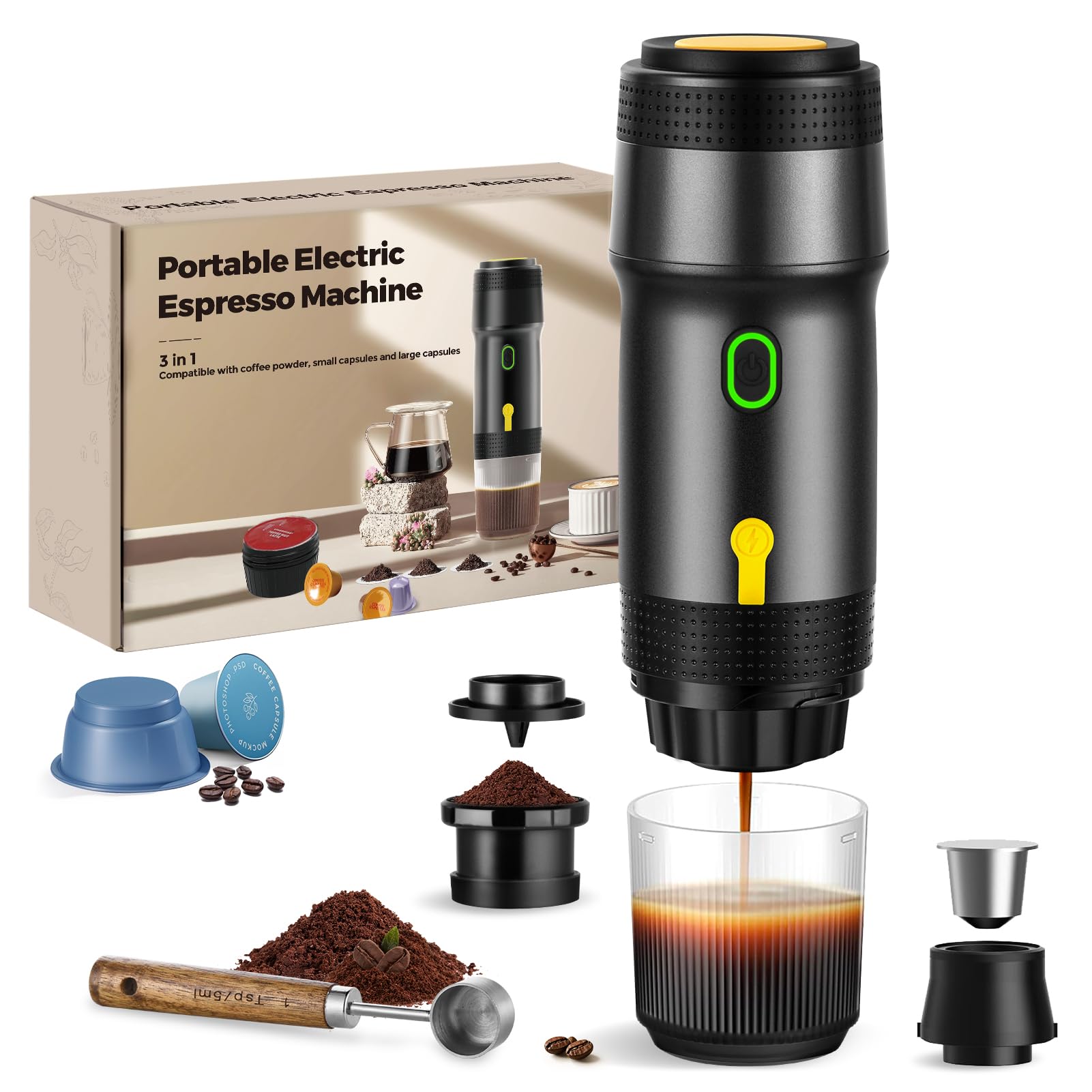 ICARE Macchina Caffe Portatile, Caffettiera Portatile 3-in-1, 20BAR, 92°C Estrazione, 7500mAh, Ricarica USB/12V Auto, Macchina Caffè Espresso per Capsule e Caffè Macinato (Nero)