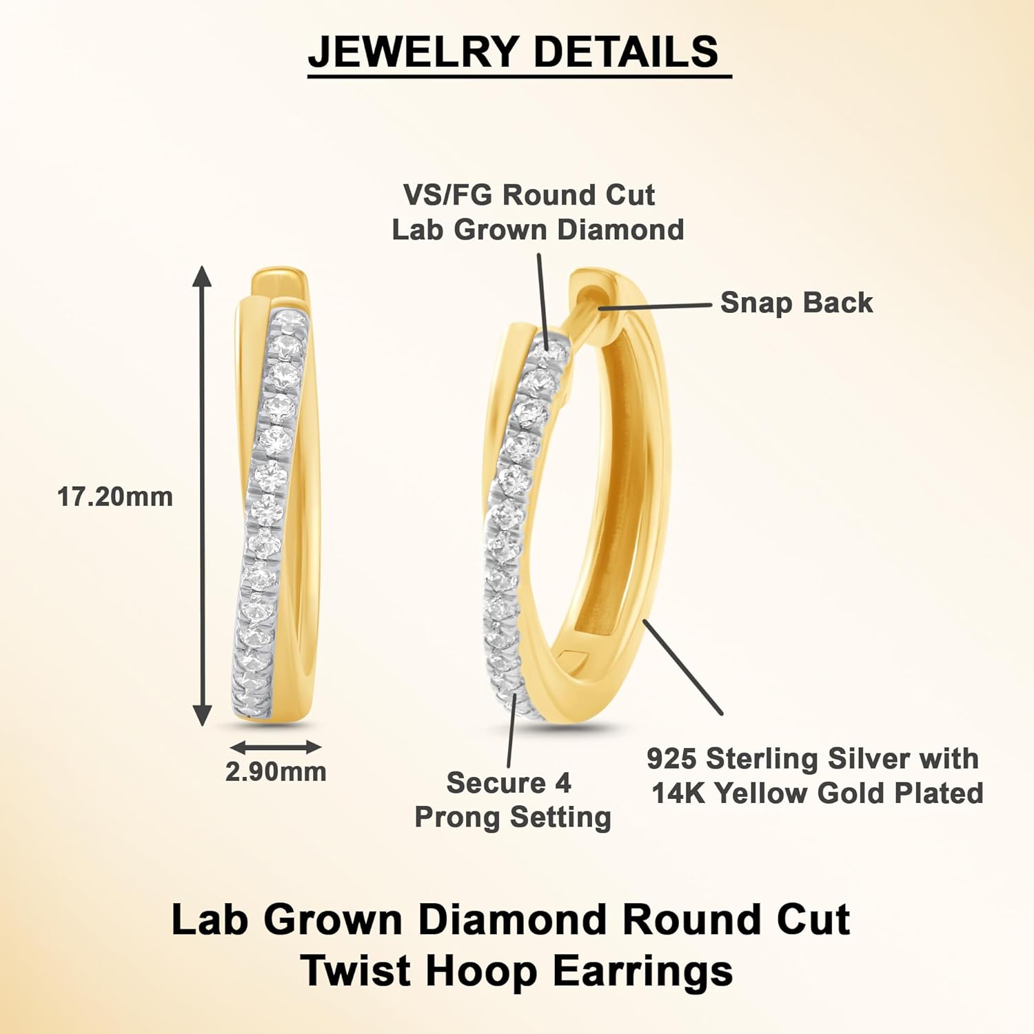 Dewberry 1/4 Ct Round Cut IGI Certified Lab Grown Diamond Twist Hoop Earrings for Women, 14k Gold Plated 925 Sterling Silver Hypoallergenic Hoop Earrings (Clarity : VS, Color : FG, 0.25 Cttw)