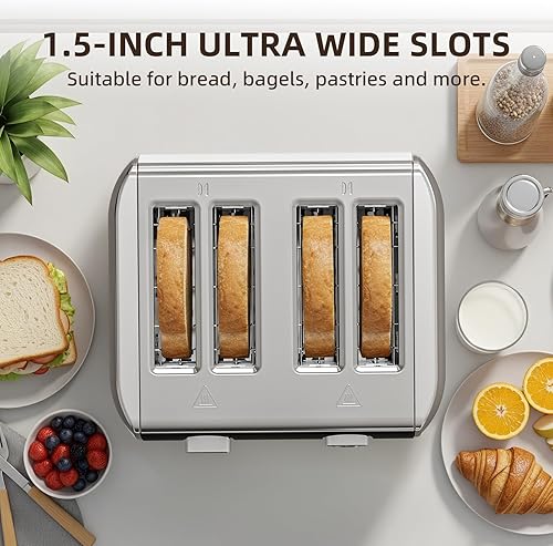 Miniatura 4 de Tostadora de 4 rebanadas, 6 ajustes de tostado, bandeja extraíble para migas, tostadora de pan de acero inoxidable para bagels, magdalenas, gofres,