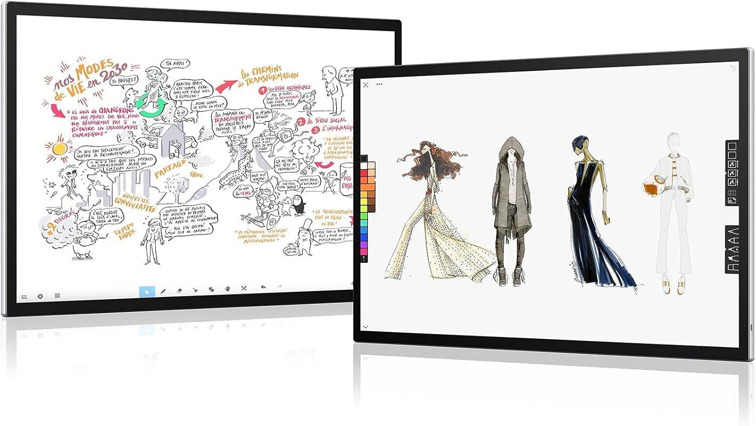 Two SpeechiTouch interactive screens displaying various creative drawings and diagrams, showcasing collaborative potential.