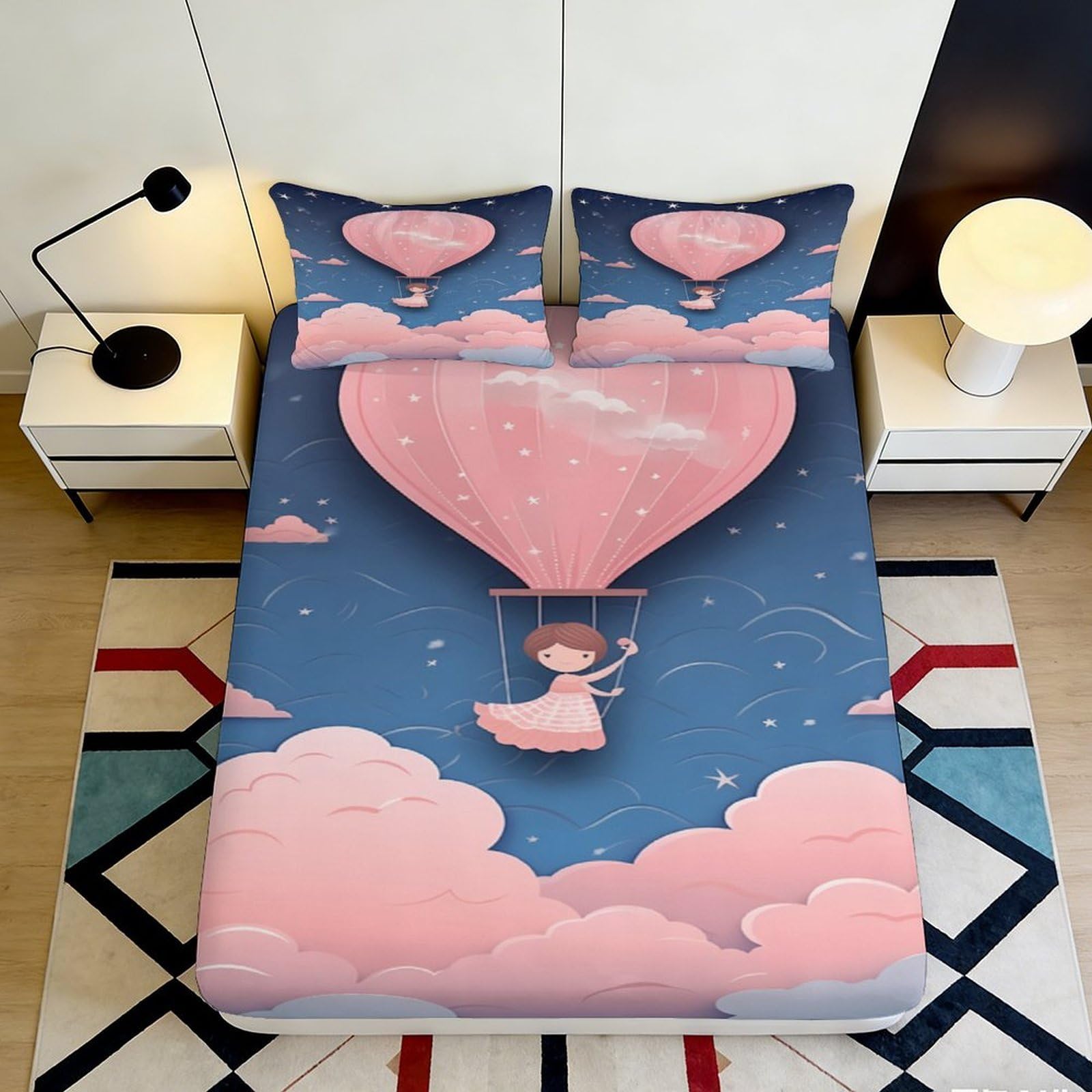 3D Printed Pink Hot Air Balloon Fitted Sheet Microfiber Soft Bedroom Decor Blue Cloud Mattress Cover for Home Dorm 90x200x25cm