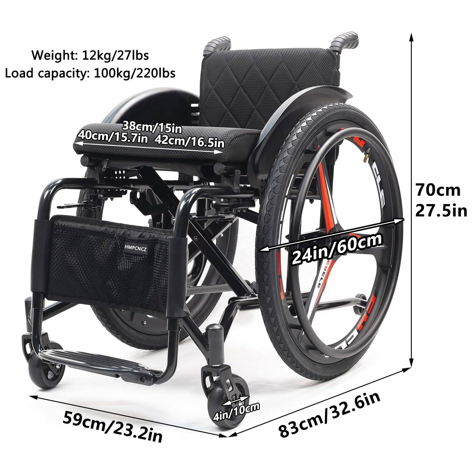 Silla de Ruedas Deportiva Plegable y Ligera seat38cm | Ultraligera para todo terreno, soporta hasta 100 kg (220 lb), asiento ajustable para baloncesto y carreras, 86 x 76 x 52 cm