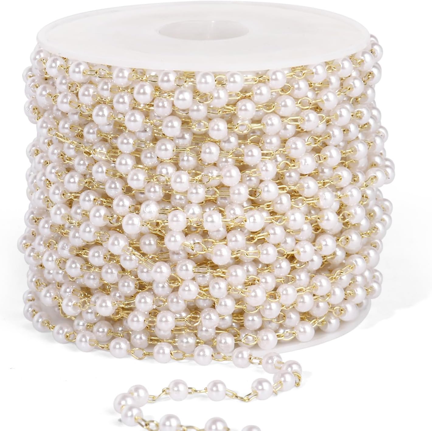 33 Feet Gold Pearl Beads Chains Roll, 3mm Faux Pearls Beaded Gold Plated Brass Cable Link Chain Spool Bulk for Jewelry Making DIY Craft