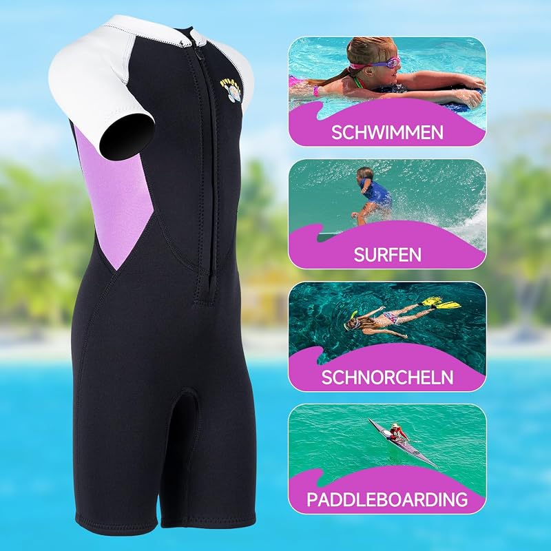 X-mAnTA Gyermek Neoprén Shorty Búvárruha 2,5 mm - Lila Rövidített Vízisport Ruha Elülső Cipzárral Úszáshoz, Búvárkodáshoz, Szörfözéshez - 2XL méret