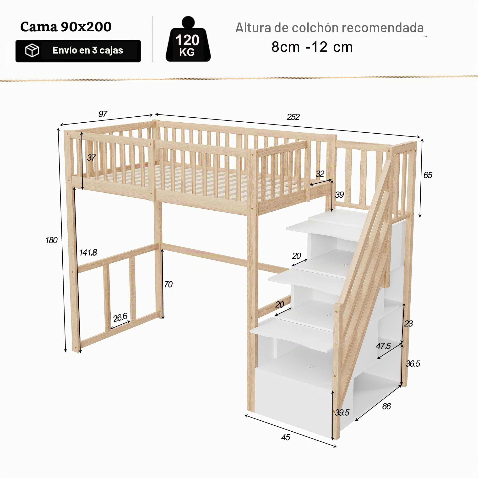 Idemon Cama alta 90 x 200 cm con escalera de almacenamiento de seguridad, estructura de madera de pino macizo para niños y jóvenes (color madera)