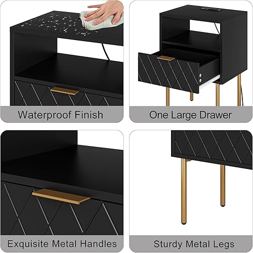 Miniatura 8 de Mesita de noche con estación de carga, mesita de noche pequeña con dos cajones, mesita de noche negra, mesa auxiliar con marco dorado, muebles de