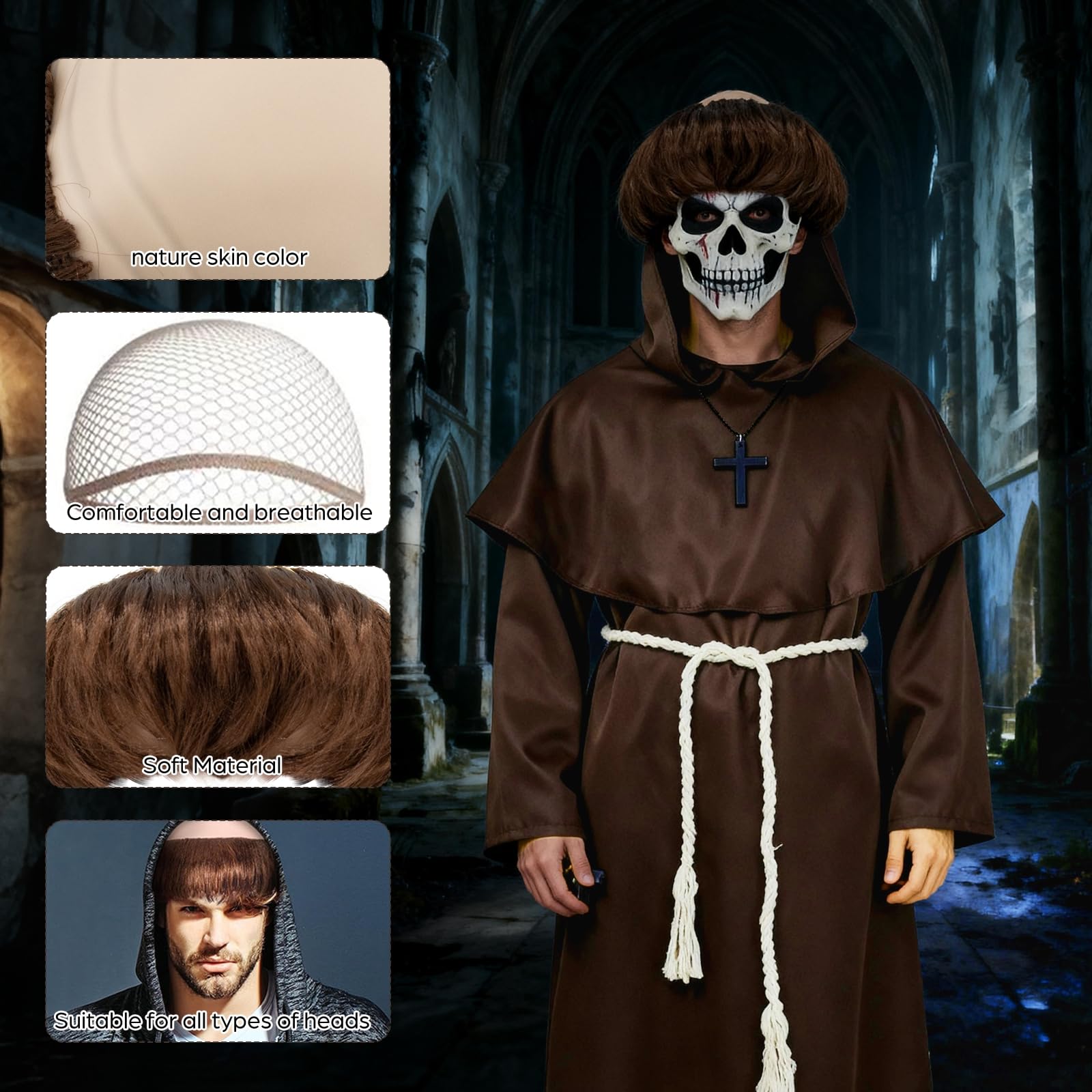 Costume de moine médiéval pour homme - Avec capuche - Perruque de moine - Chapeau marron foncé - Ceinture - Corde de chanvre - Chaîne croisée - Halloween, carnaval, taille XL (175-185 cm
