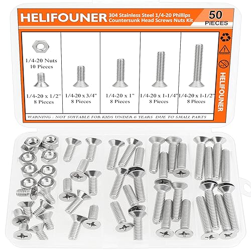 Kit surtido de 50 tornillos Phillips de cabeza avellanada de 1/4-20 x 1/2 pulgadas, 3/4 pulgadas, 1-1/4 pulgadas, rosca gruesa, totalmente roscada a