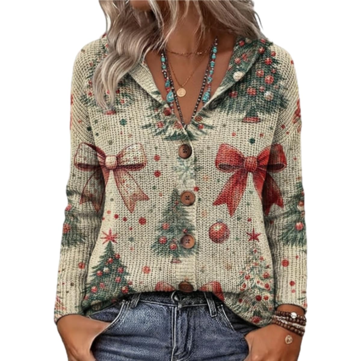 Womens Hooded Button-Front Cardigan Casual Long Sleeve Knit Sweater with Colorful Prints Patterns for Everyday Wear