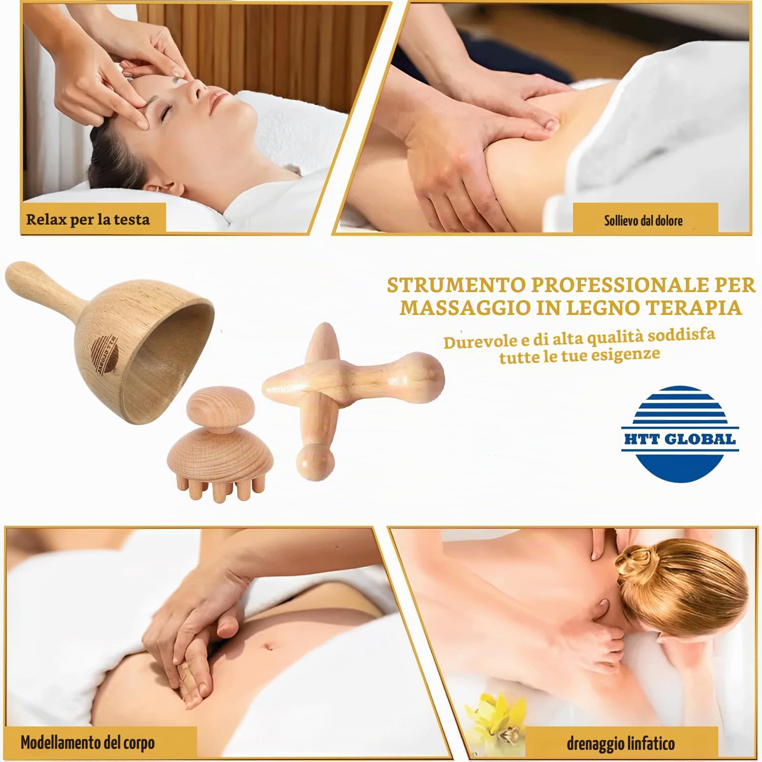 Wood Massager 7 Pezzi Set per Corpo, Strumenti di Maderoterapia per Massaggio Muscolare, Drenaggio Linfatico e Relax, Rulli e Barre in Legno per Gambe, Braccia, Schiena – Benessere Casa Spa