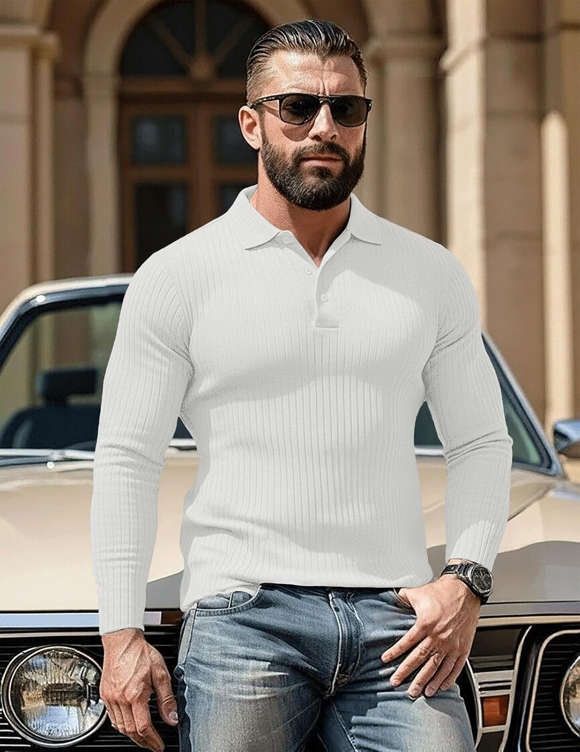 Muscle Cmdr Men's Cotton Long Sleeve Muscle T Shirts Slim Fit Business Casual Tee Short Sleeve Ribbed Polo V Neck - Image 3