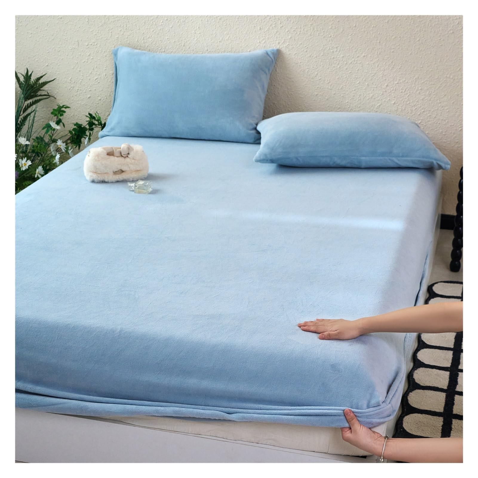 Sábana Bajera Ajustable de Franela Cama 120/150/180x200cm Funda de colchón de Terciopelo Suave y Pesado(Sky Blue,180x200+25cm)