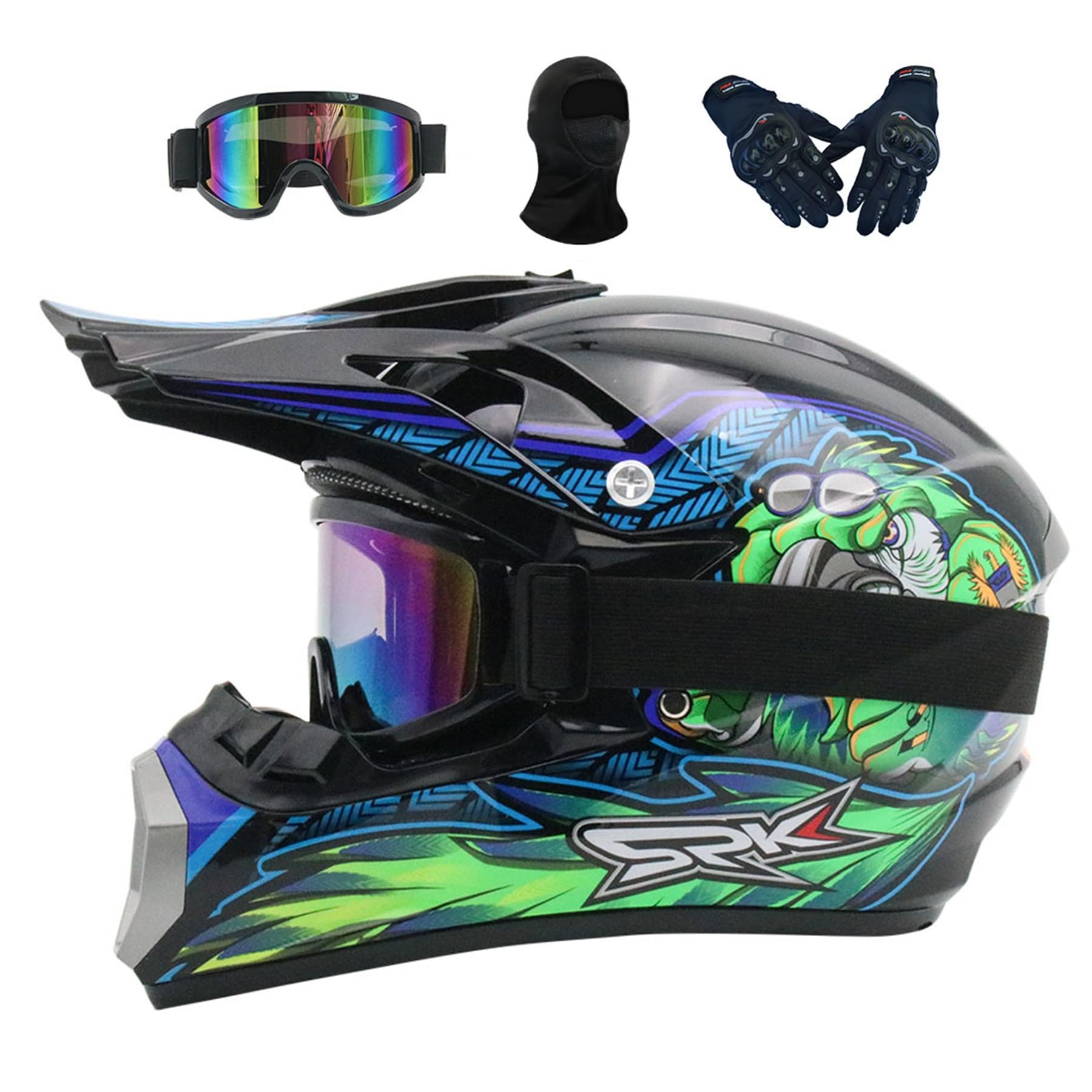 Motorradhelm MTB Helm Fullface Kinder 7-14, Motocross Herren Damen, Jugend Integralhelm Crosshelm Motorrad MTB Enduro Quad ATV Downhill Helm, Mit Brille Handschuhe(Blue,L(56-57CM))