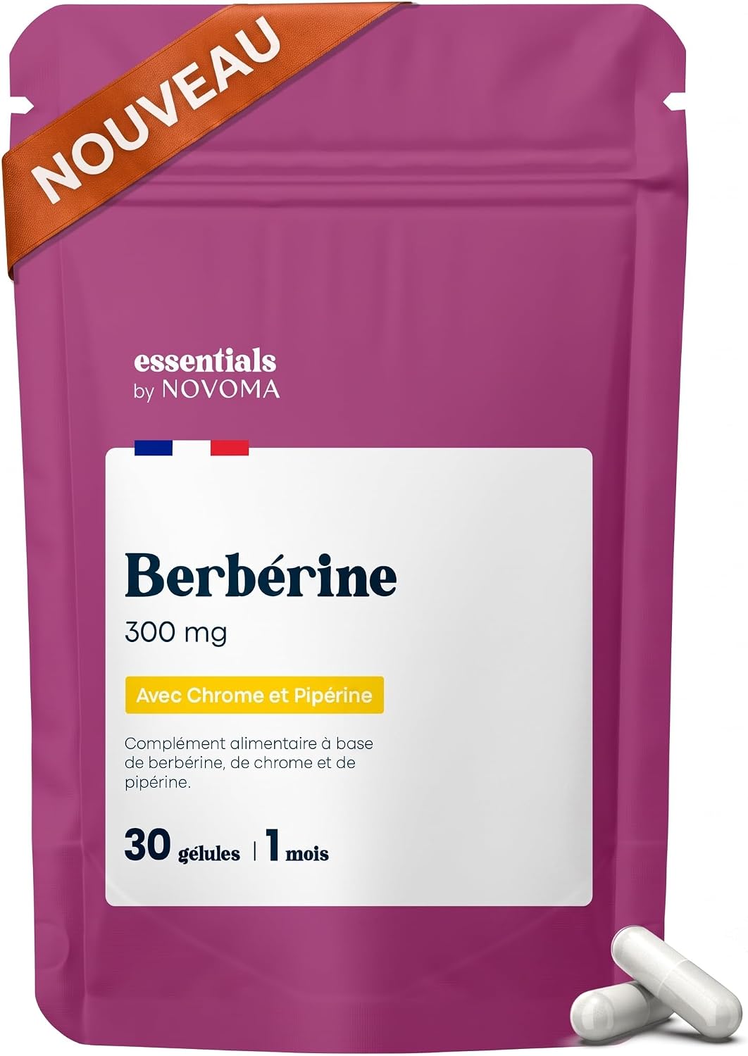 Berberine 300 mg + Chrome & Pipérine, 30 Gélules Végétales - 1 Mois