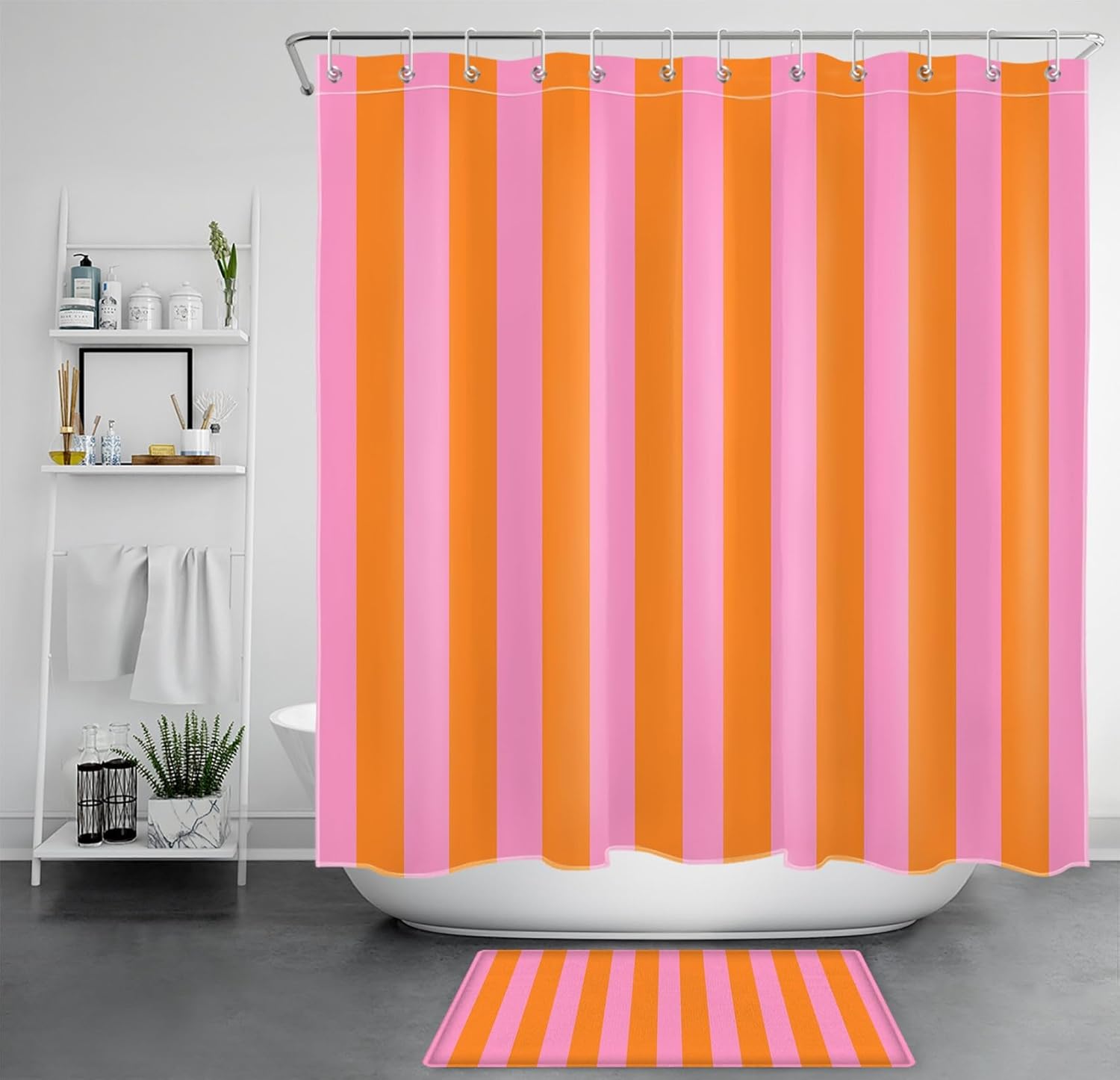 EOBTAIN Pink and Orange Shower Curtain Set Abstract Cute Boho Vertical Striped Fabric Bathroom Curtains Shower Set Minimalist Girly Bathroom Sets with Shower Curtain and Rugs 72x72 Inch