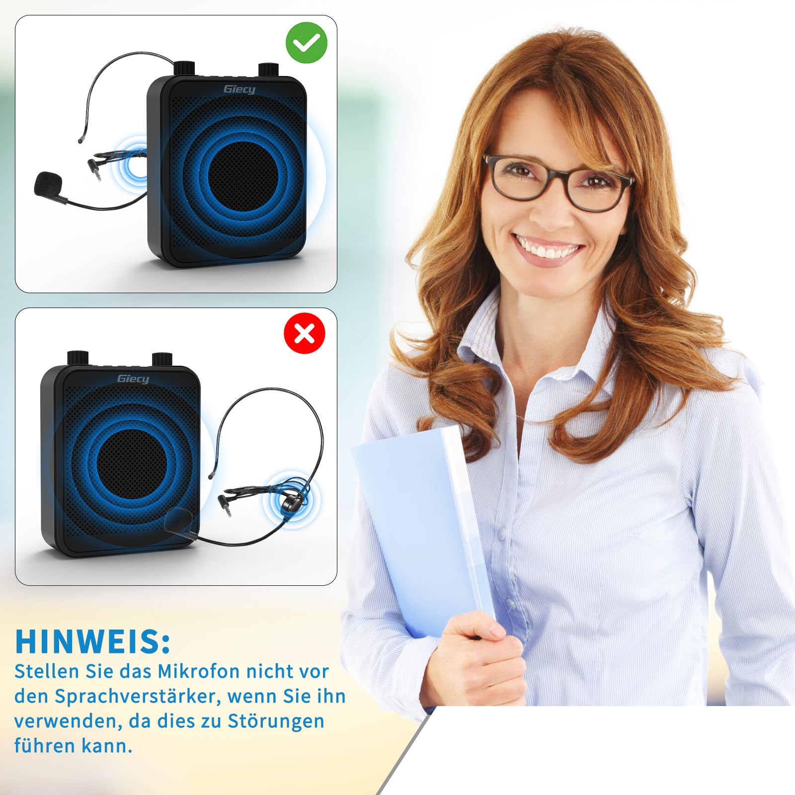 Sprachverstärker tragbar mit Mikrofon 7,4V/2800mAh Akku (14-17 Std. Laufzeit), Bluetooth, TF-Karte/USB, Aufnahme, Echo-Funktion, für Lehrer, Reiseführer, Konferenzen, Innen- & Außenbereic