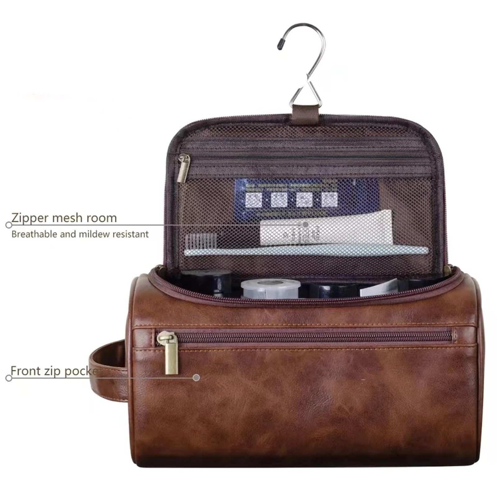 Borsa da toilette da viaggio Borsa da toilette in pelle for uomo Donna appendere viaggio for viaggiare for cosmetici grande(PU-Black)