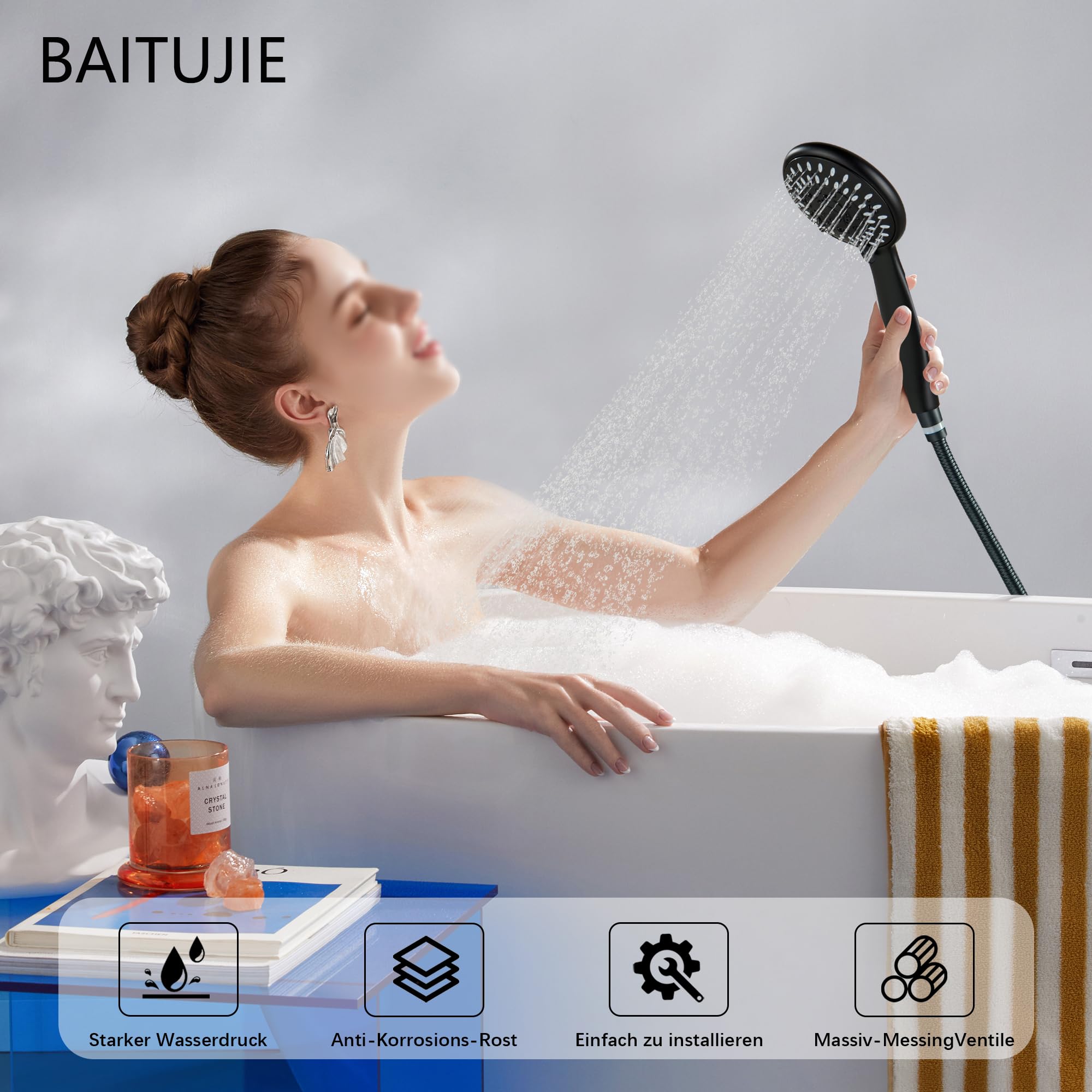Rubinetti per vasca con doccetta Rubinetto per vasca a parete Rubinetto nero per vasca da bagno Bocca girevole a 90 ° con doccetta a 5 funzioni