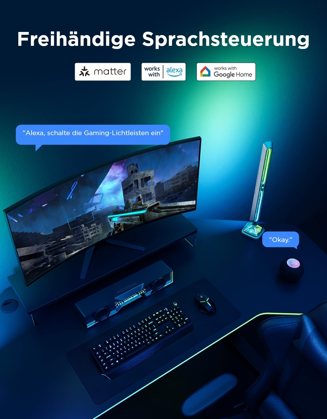 Govee RGBIC Gaming Light Bars, Cyberpunk LED Beleuchtung mit dreiseitiger RGB Ambient Light für PC, Monitor, Smarte WLAN & Bluetooth, 60+ Szenen, Kompatibel mit Alexa & Google Home, 2er-Set, Silber | Dreiseitiges RGB Licht für PC, Monitor, Smart-WiFi&Blue