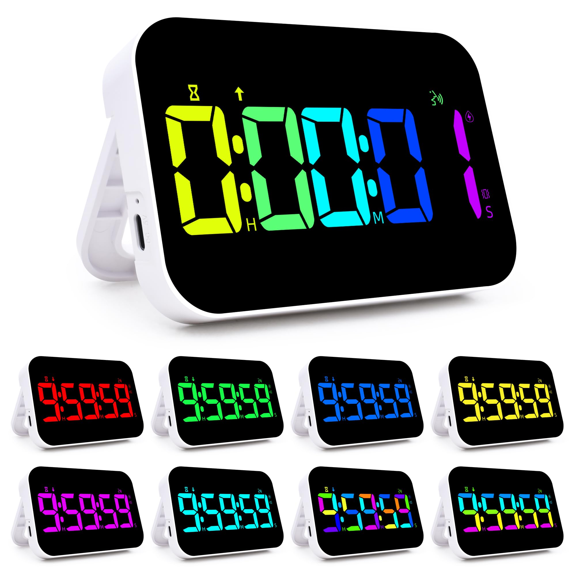 Küchentimer zum Kochen, 10 RGB-Farbwechsel, digitaler magnetischer Timer, Countdown/Up, wiederaufladbar, 3 Helligkeitsanzeige, 3 Lautstärkestufen und Vibrationsmodus, für Klassenzimmer, Studium,