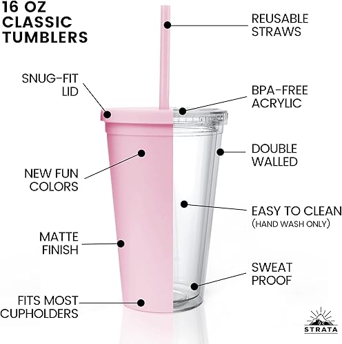 Miniatura 3 de STRATA CUPS Vaso de 16 onzas con tapa y popote (paquete de 12)  Vasos de color rosa pastel, vasos de acrílico mate de doble pared con tapas y